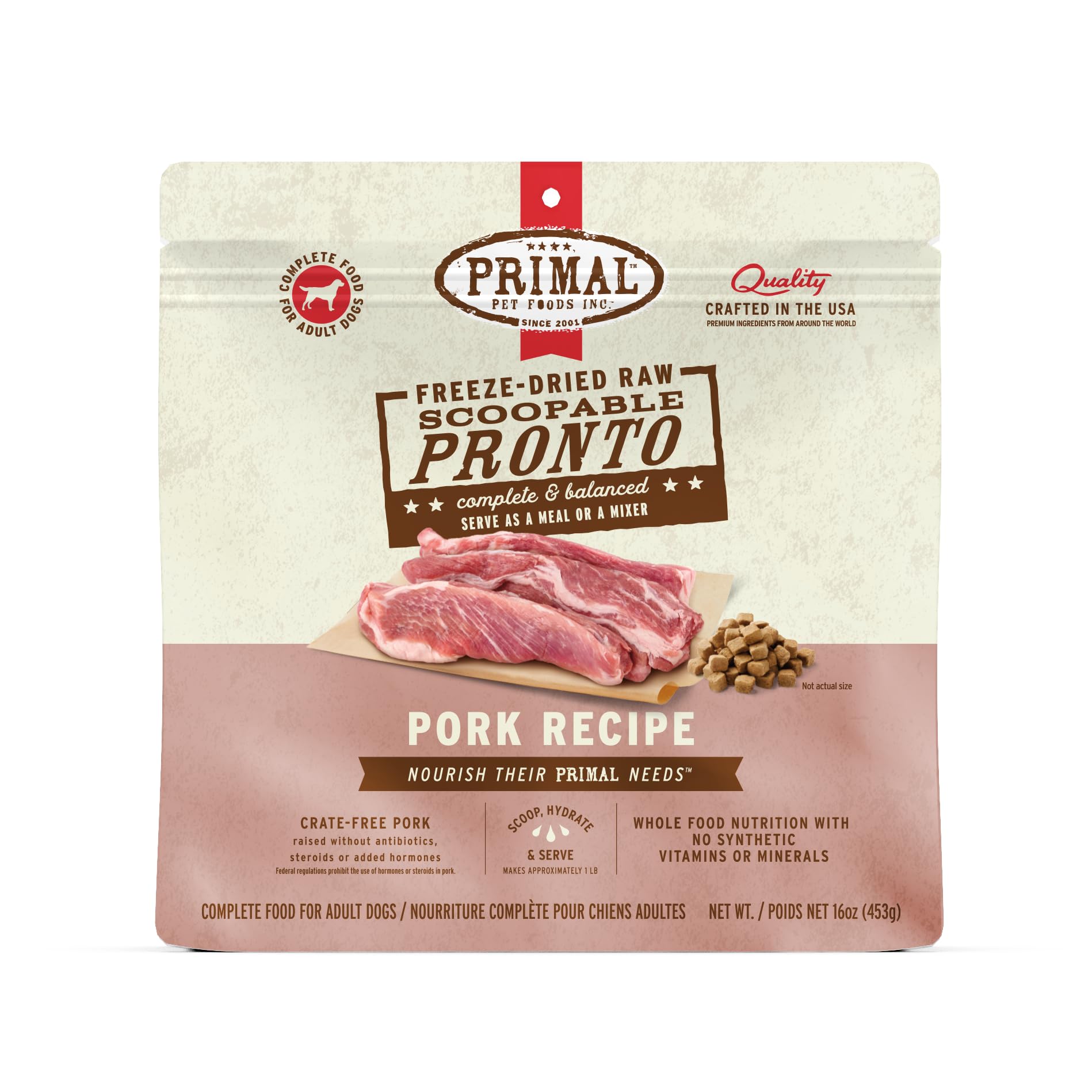 Primal Pronto Mini Nuggets Pork bag front—shelf-stable feeding option.