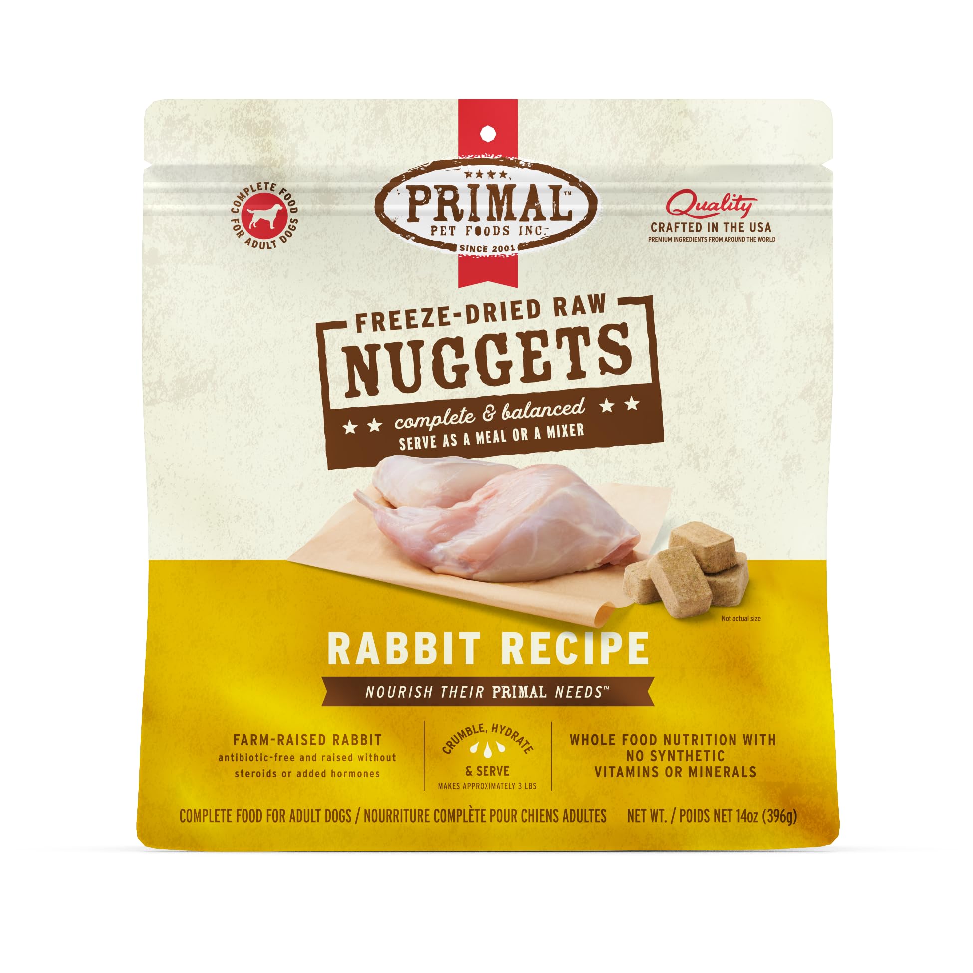Primal Rabbit Freeze Dried Nuggets shown in a bowl for a convenient complete meal