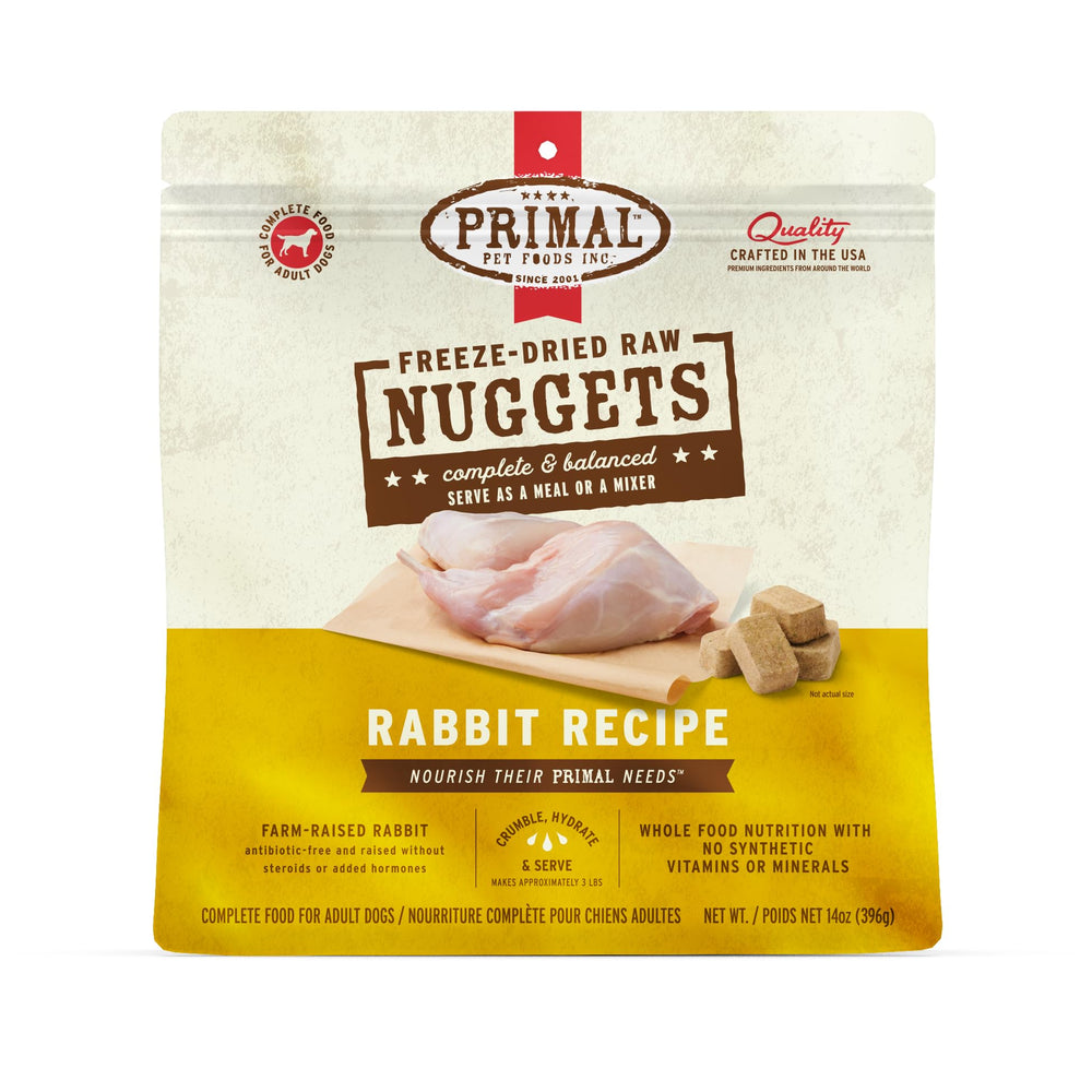 Primal Rabbit Freeze Dried Nuggets shown in a bowl for a convenient complete meal