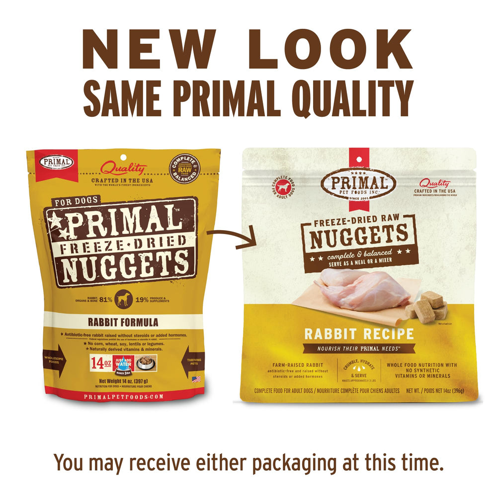 Primal Rabbit Freeze Dried Nuggets crumbled as a topper over kibble