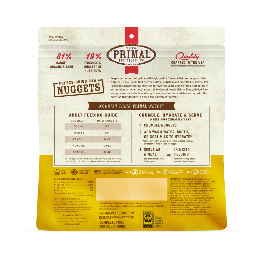 Primal Rabbit Freeze Dried Nuggets guidance on 3–4 nuggets per ounce