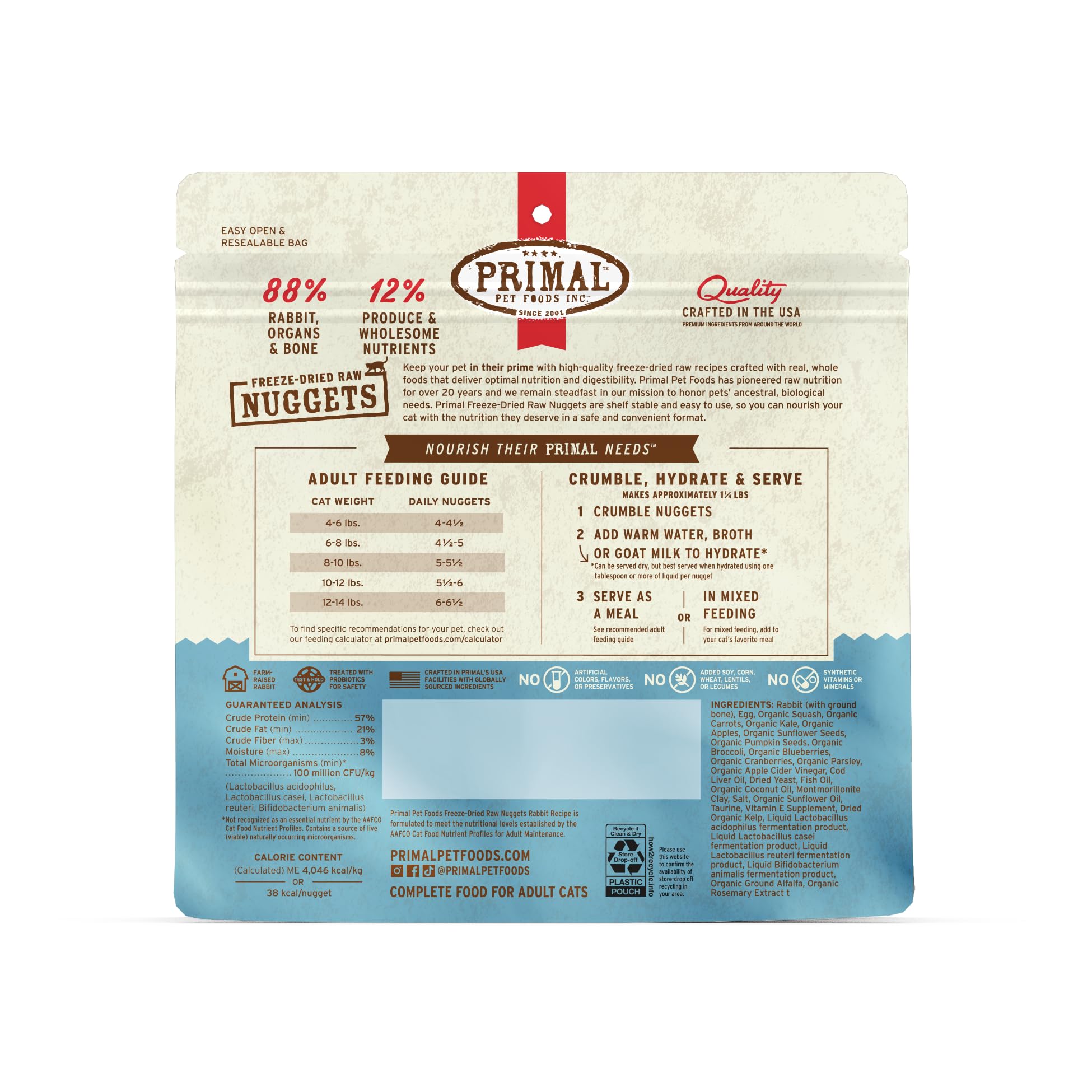 Primal Rabbit Nuggets package nutrition panel emphasizing protein-rich, grain-free formula.