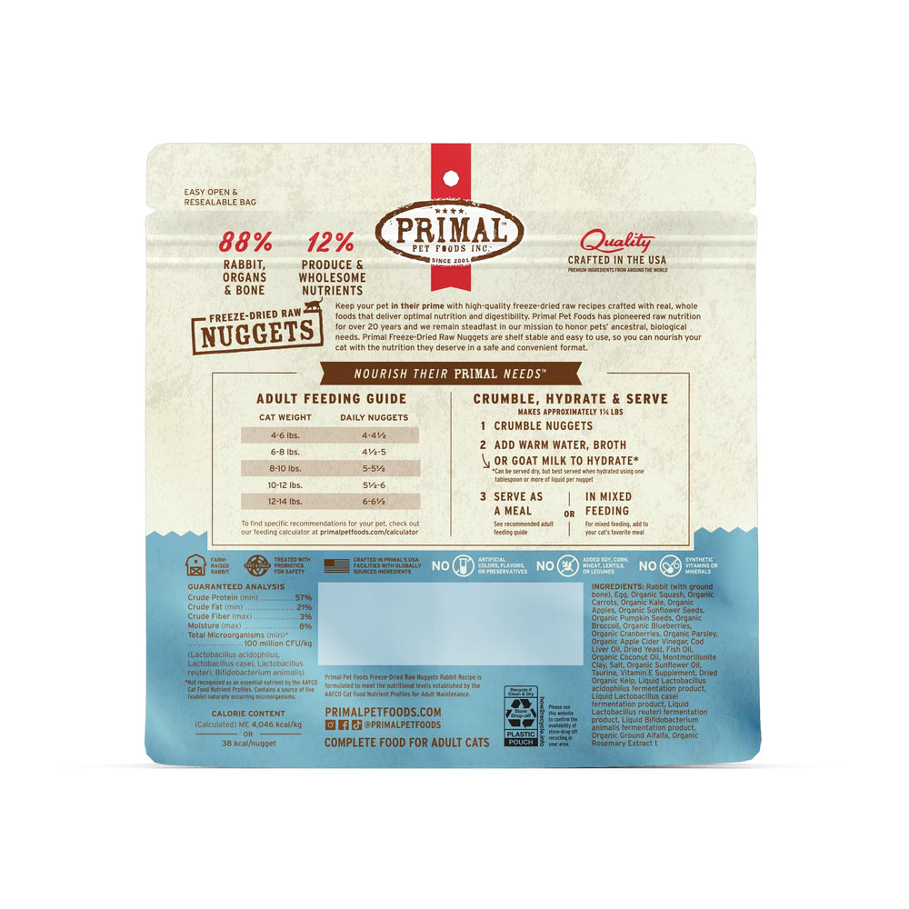Primal Rabbit Nuggets package nutrition panel emphasizing protein-rich, grain-free formula.