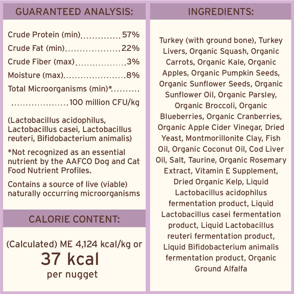 Primal turkey nuggets ingredient closeup shows turkey and vegetables used.