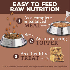 USDA organic fruits and vegetables blended with pork nuggets for nutrition.