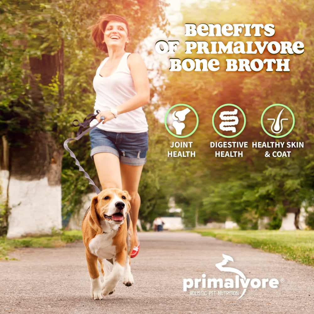 Primalvore bone broth poured over kibble to boost flavor and moisture