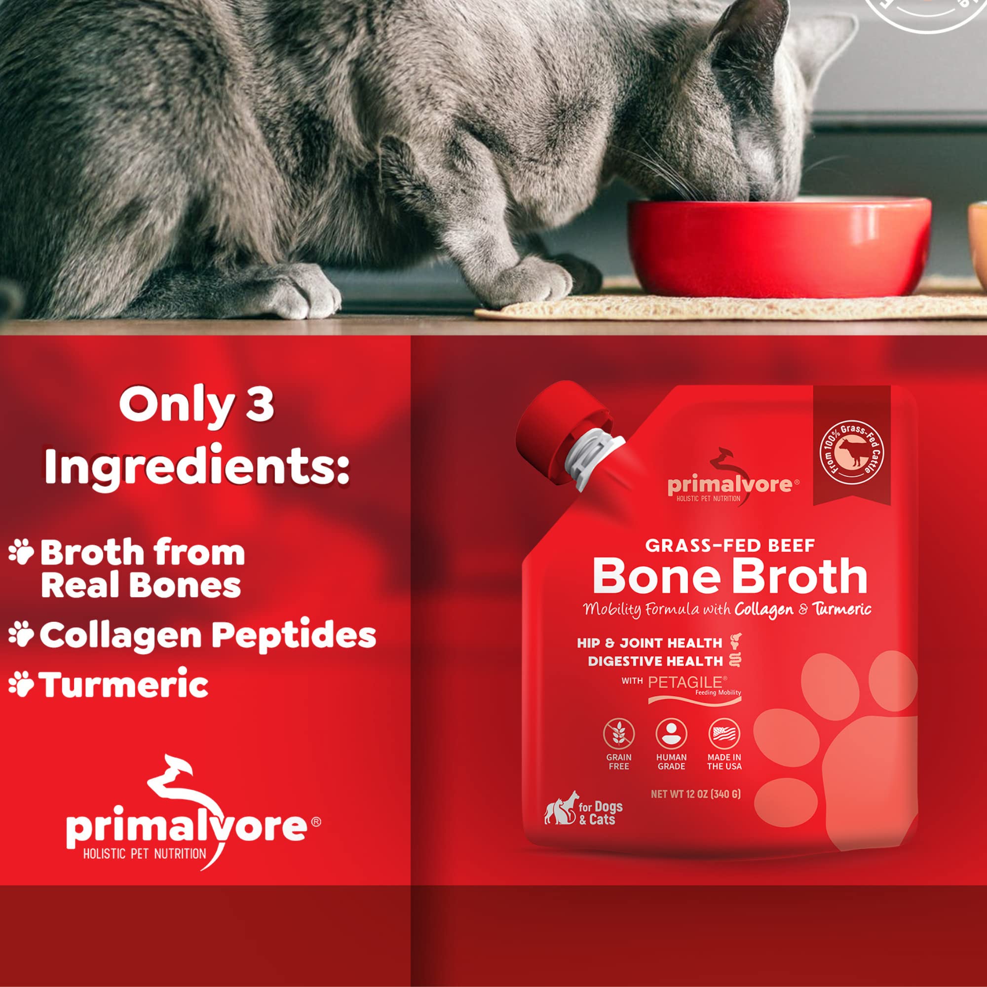 Primalvore dog and cat with broth hydration soup, illustrating versatile use