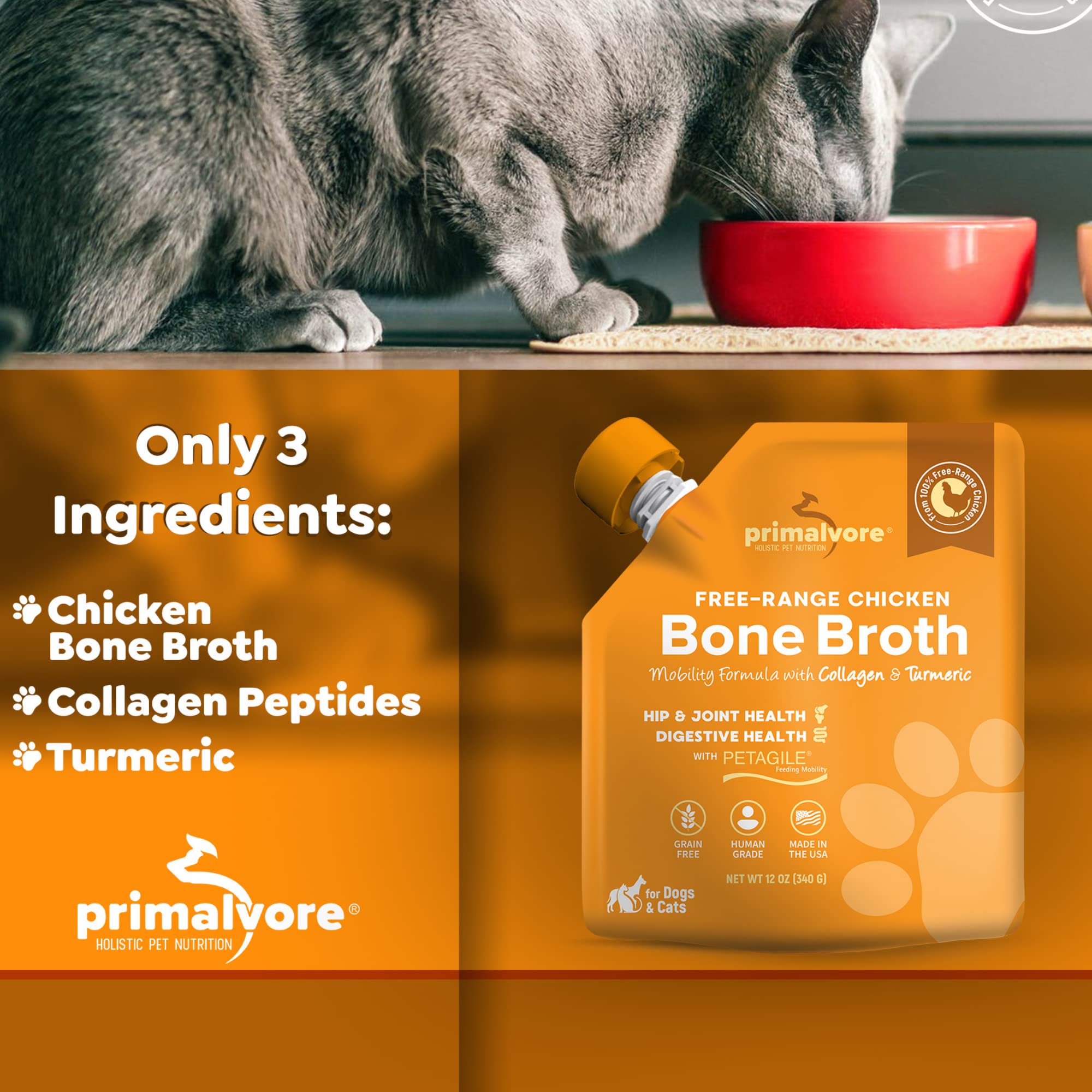 Primalvore made in usa label on broth bottle emphasizes human grade quality.