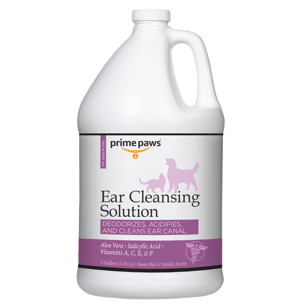 Prime Paws ear cleansing solution bottle pour for gentle odor control.