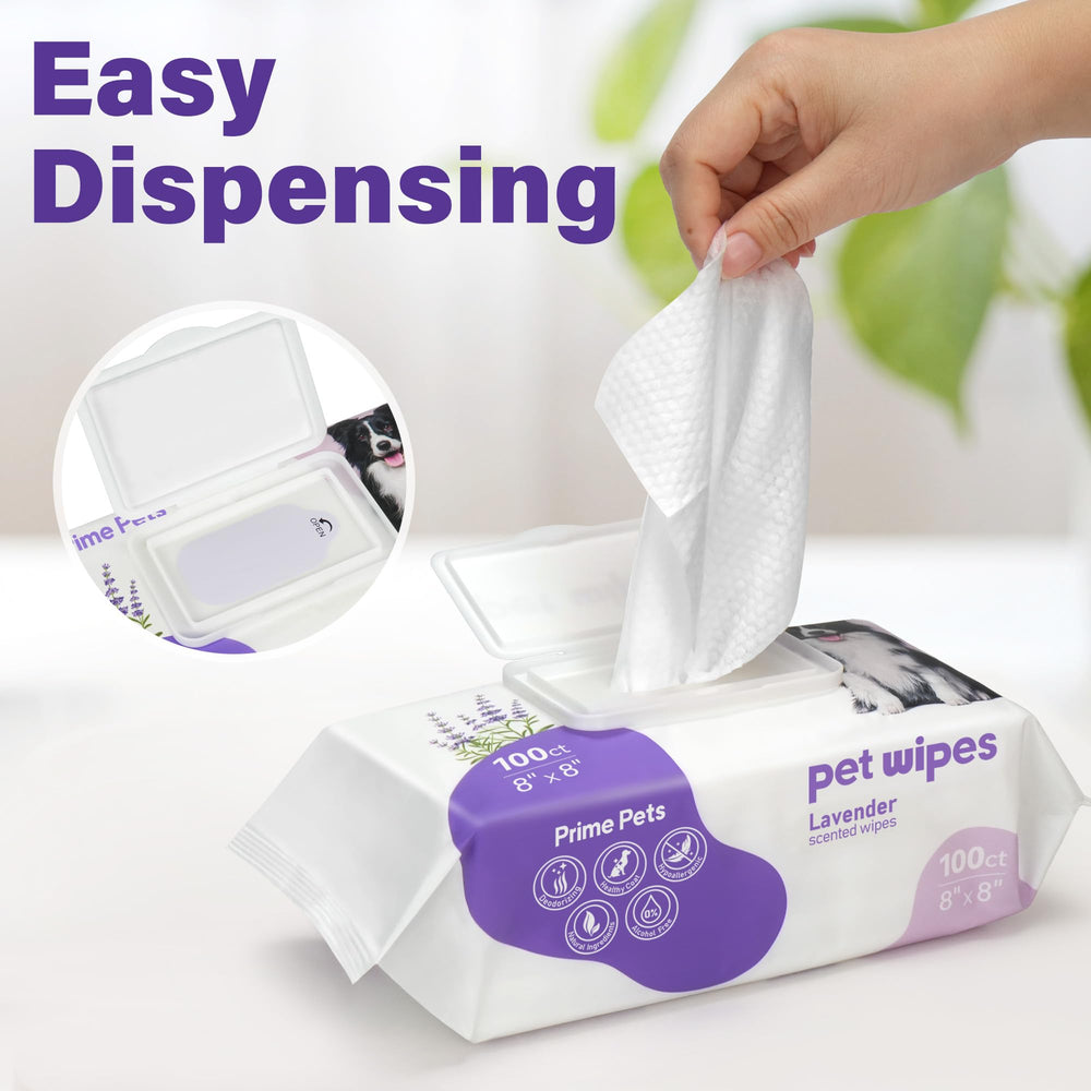 Prime Pets lavender-scented wipes ideal for travel and quick grooming sessions.