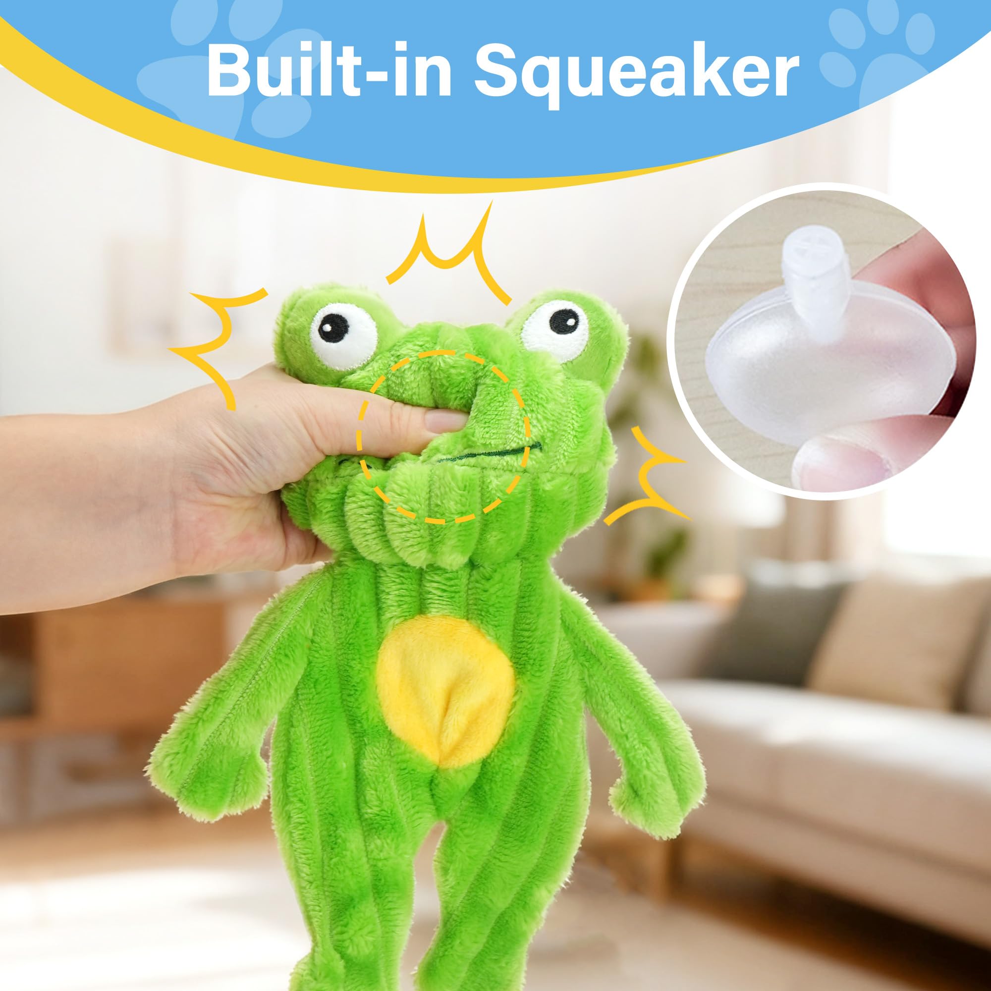 Prime Pets green frog plush toy ideal for fetch and gentle chewing.