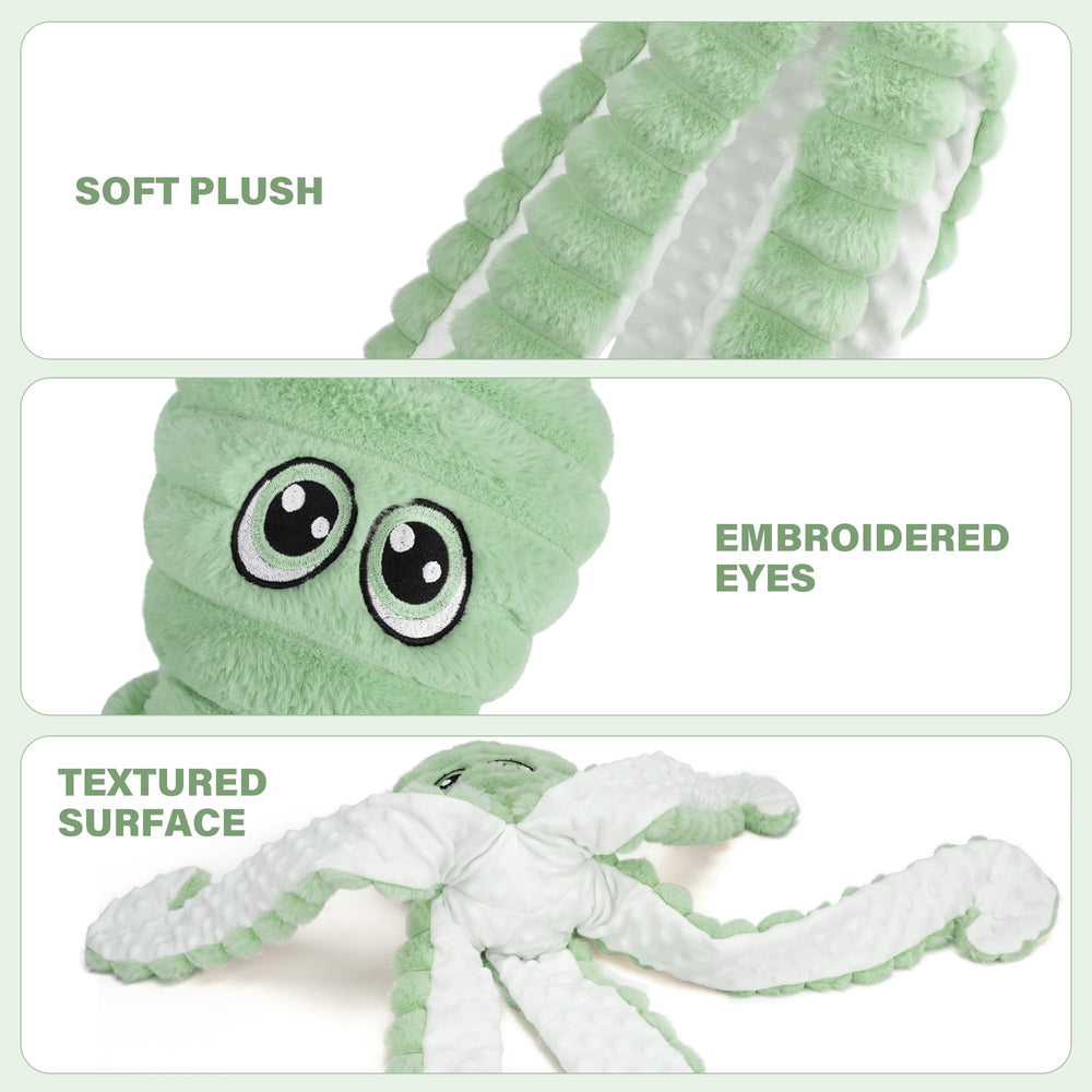 Prime Pets octopus legs feature crinkle material and tip squeaker for sensory fun.