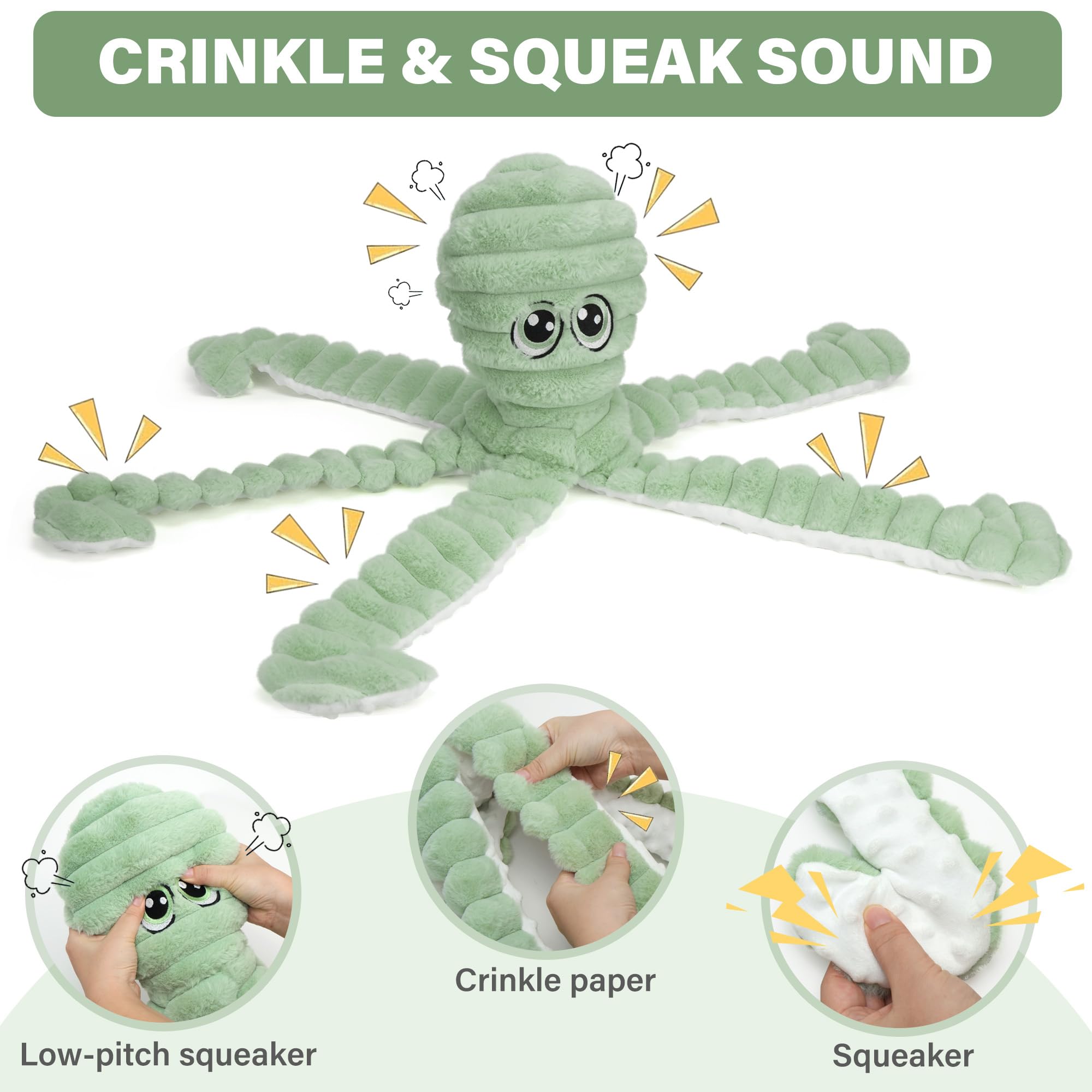 Prime Pets plush octopus head with squeaker invites gentle play and cuddling.