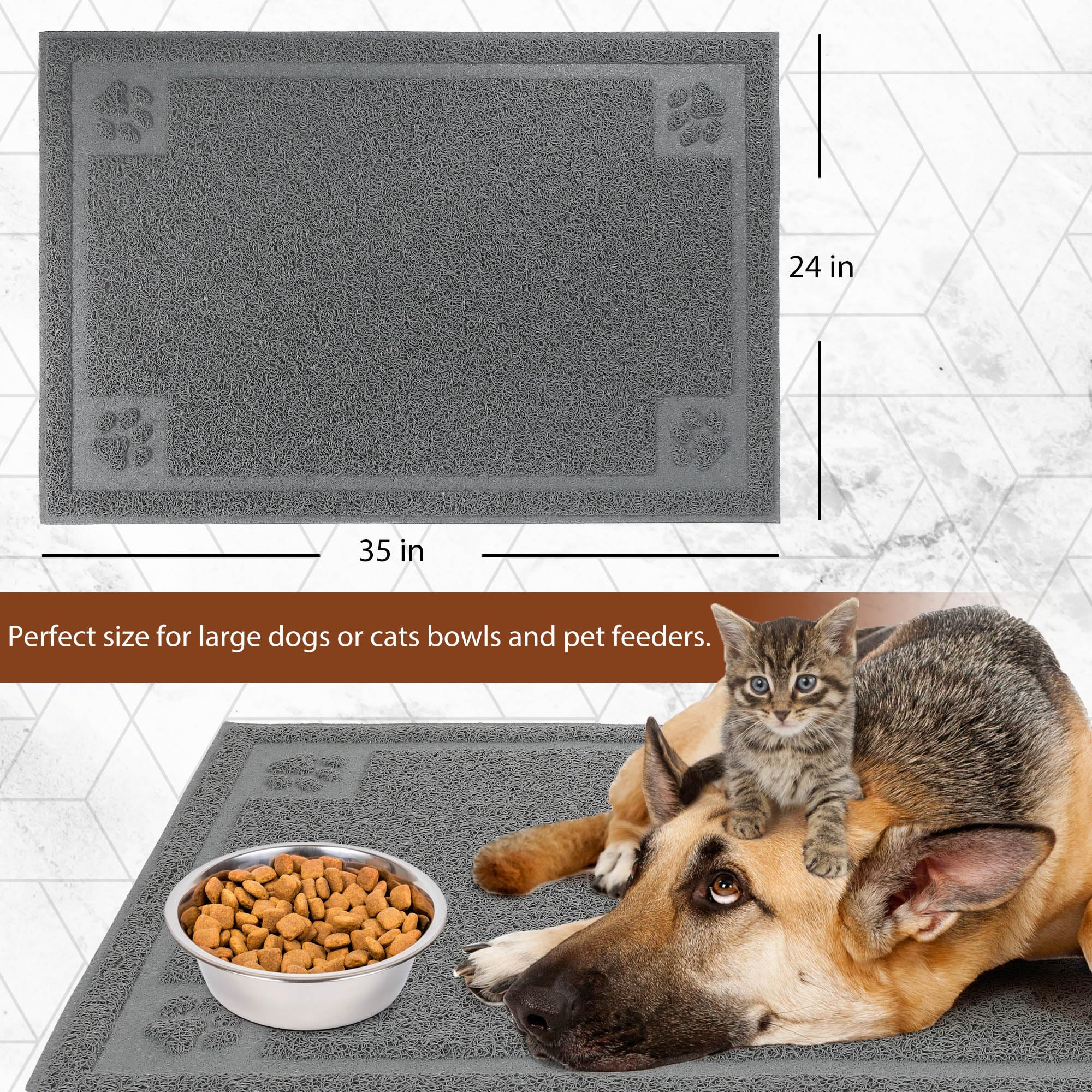 Prime Pets soft PVC feeding mat close-up shows paw-friendly surface.