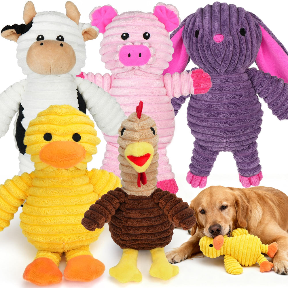 Prime Pets yellow duck plush toy with squeaker for interactive play.