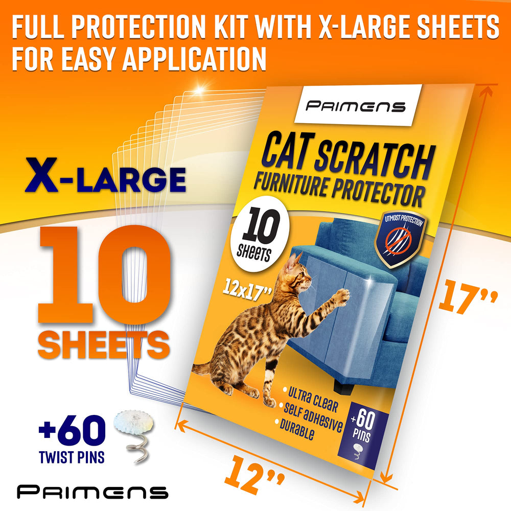 Primens transparent couch protector being applied to furniture to prevent scratches.