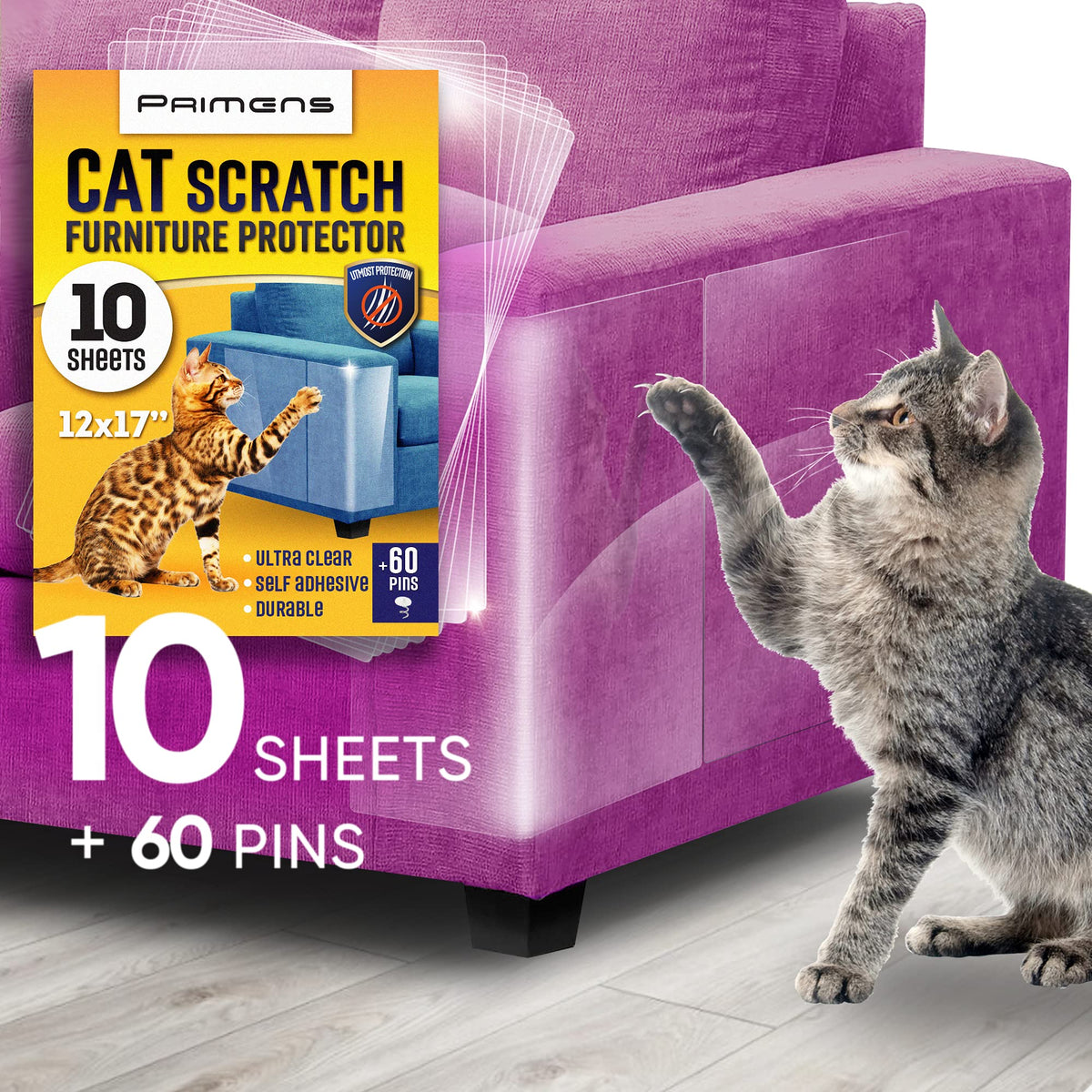 Primens heavy-duty scratch protector sheet on sofa armrest shields fabric from cat claws.