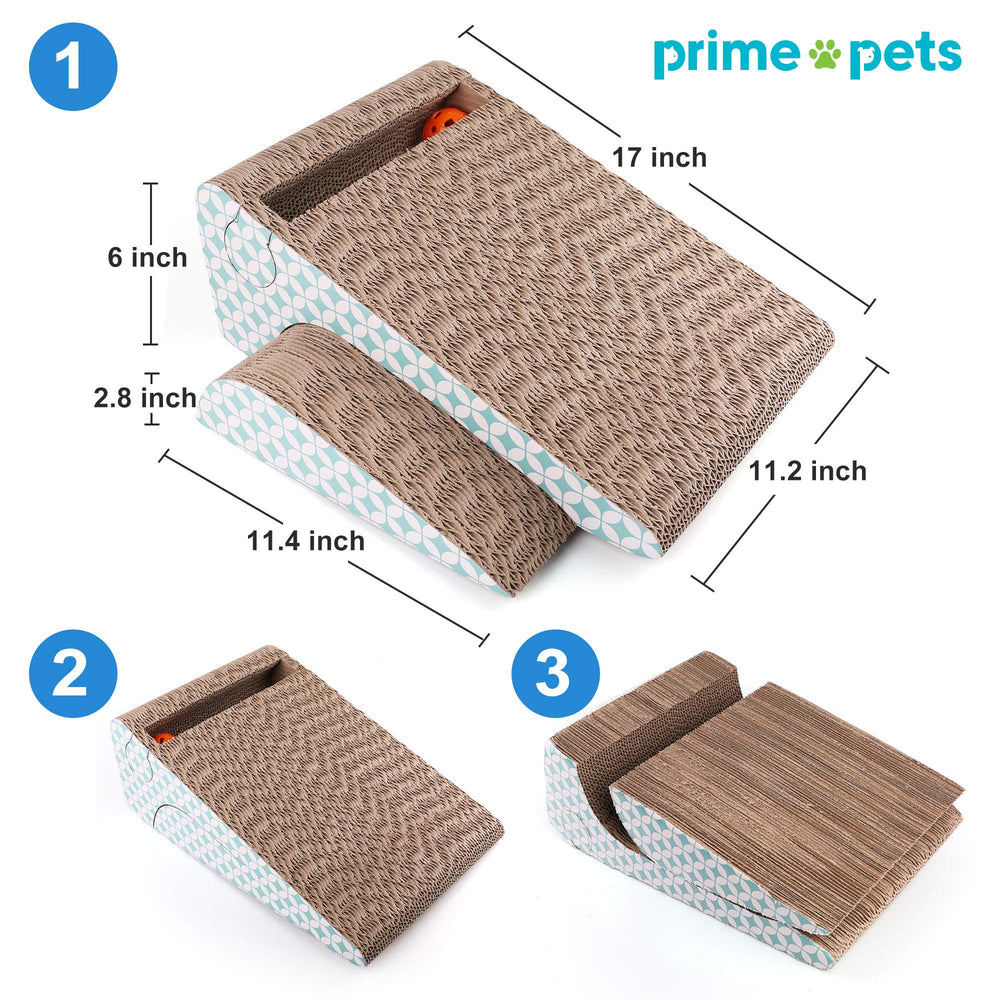 PrimePets jingle ball on scratcher attracts and entertains cats