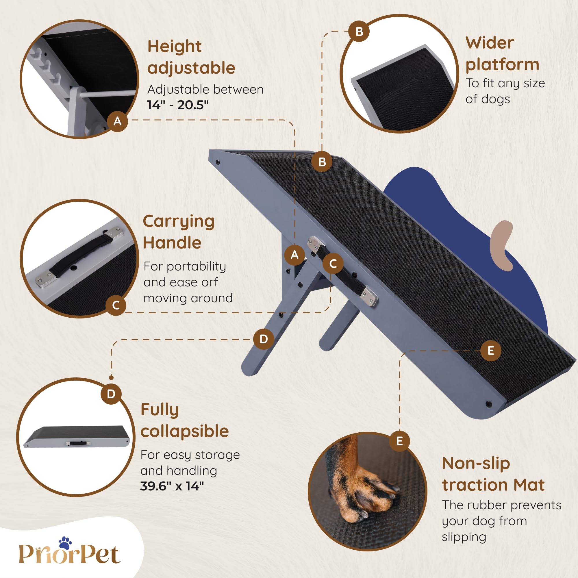 PRIORPET 7-height adjustable dog ramp fits couches for easy access.