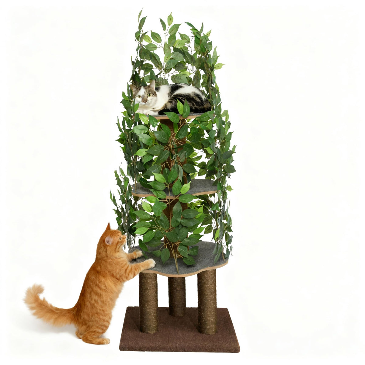 PRIORPET Cat Tree with Leaves demonstrates a sturdy base for safe climbing and lounging.