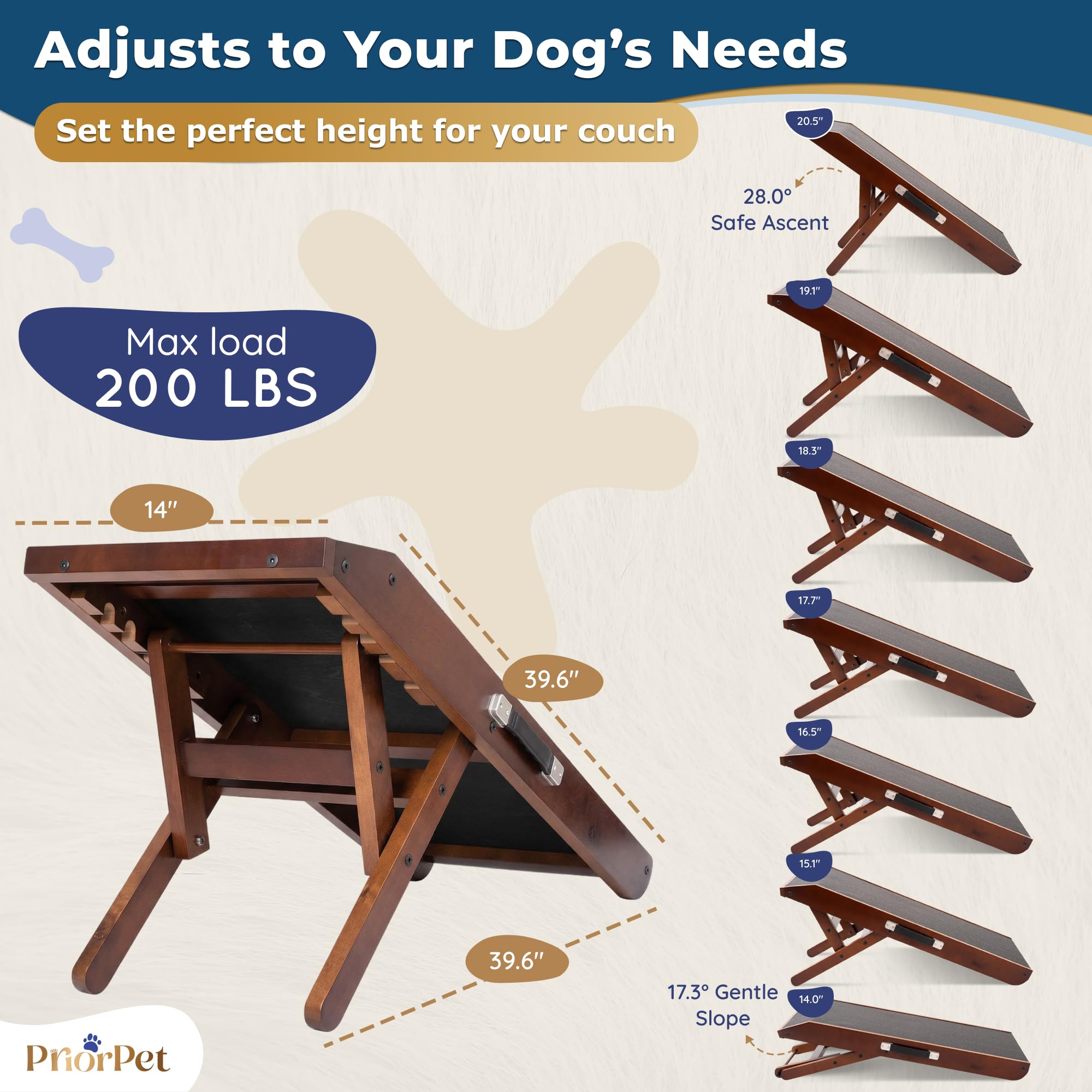 Priorpet dog ramp adjustable-heights adapts to various couch heights.