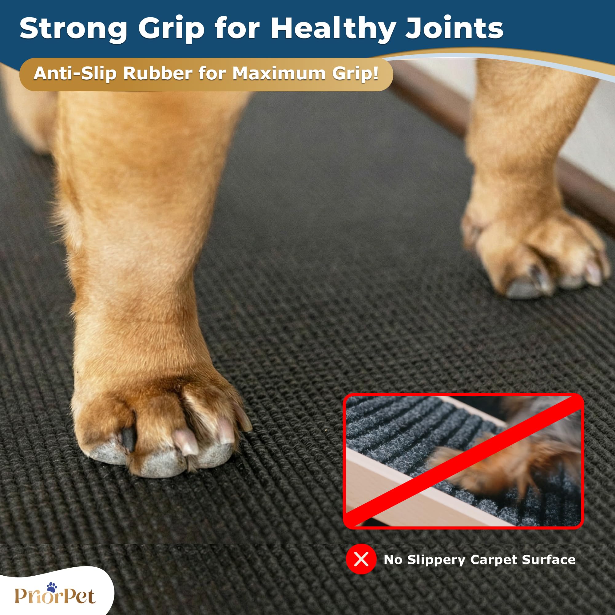 Priorpet dog ramp non-slip-surface improves grip for safe climbs.