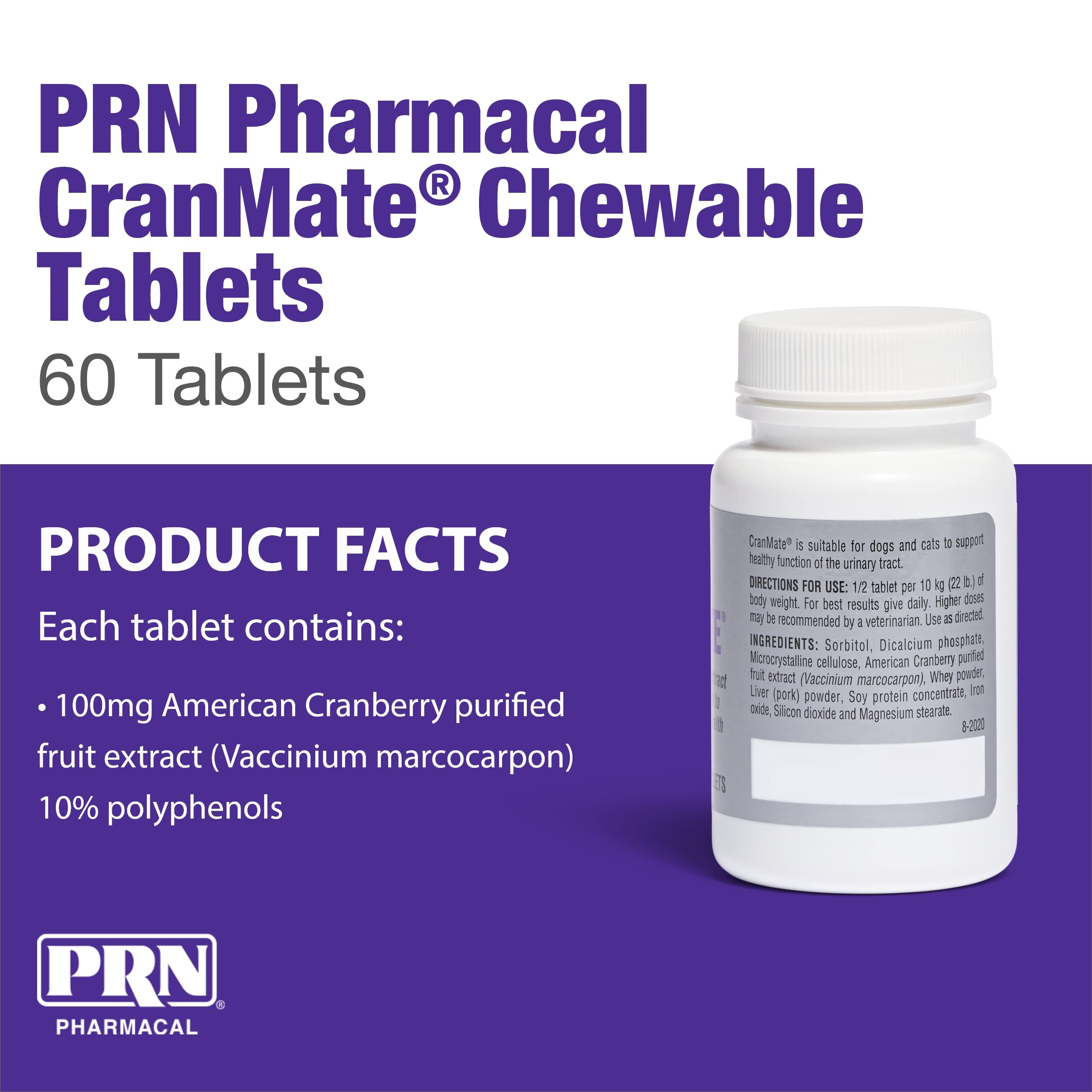 CranMate chewable tablets shown in scored design for precise dosing.