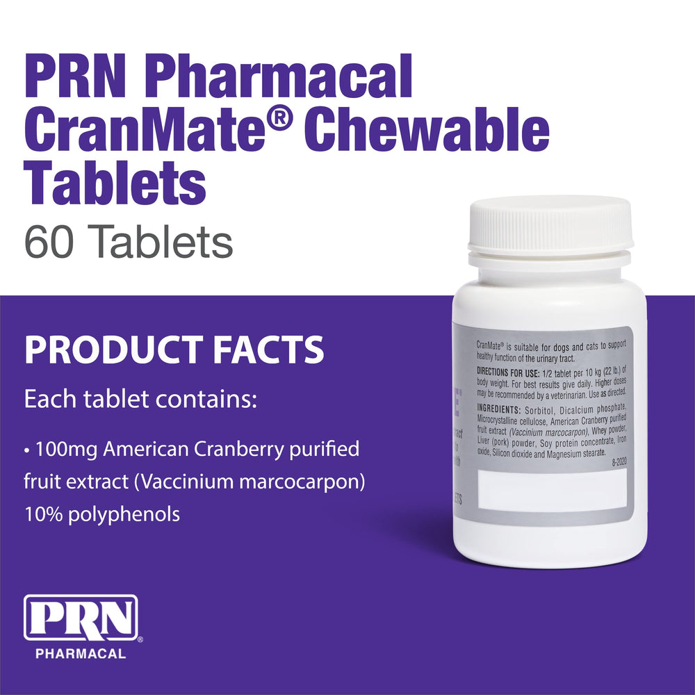 CranMate chewable tablets shown in scored design for precise dosing.