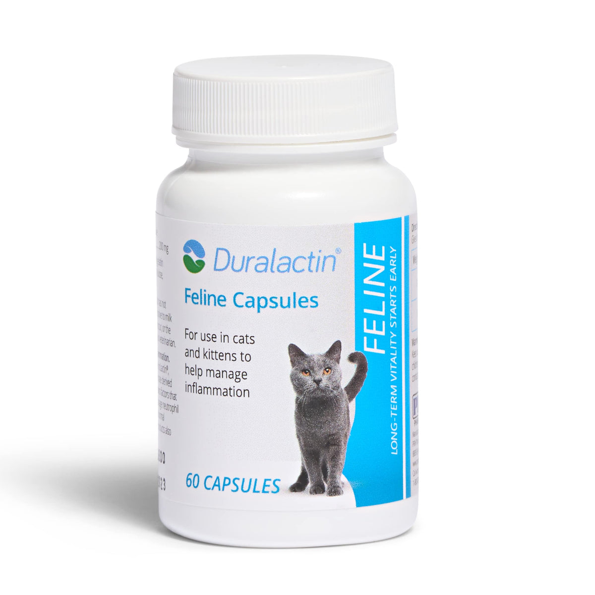 PRN Pharmacal Duralactin Feline bottle pour showing easy-to-dispense capsules for daily support.