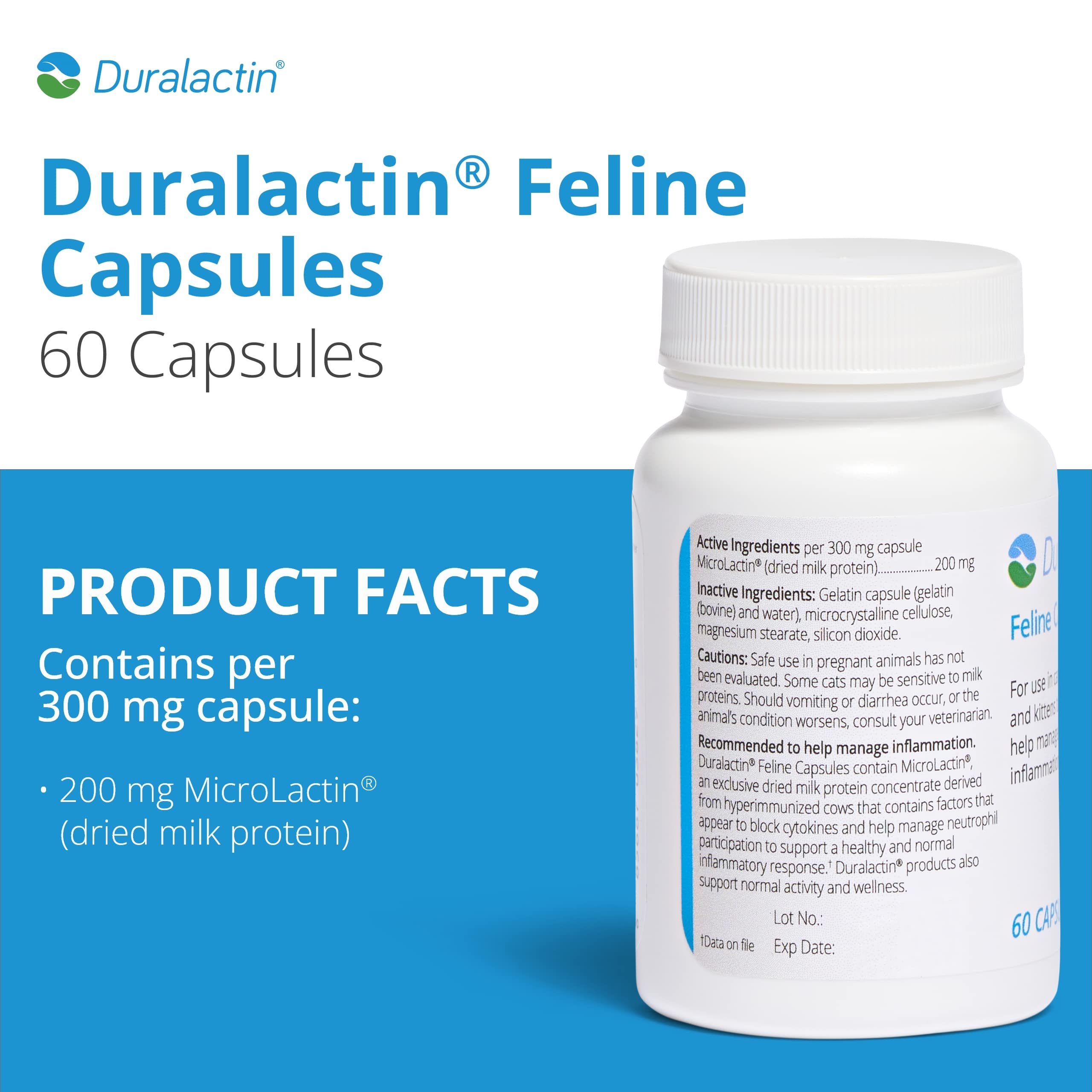 PRN Pharmacal Duralactin Feline capsules closeup highlighting Microlactin ingredients for joint comfort.