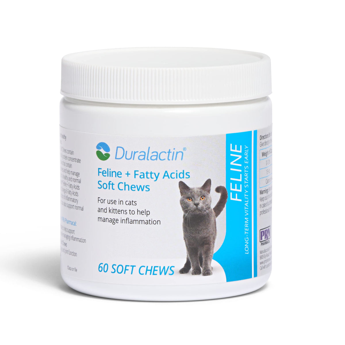 PRN Duralactin Feline Soft Chews bottle for daily joint support in cats.