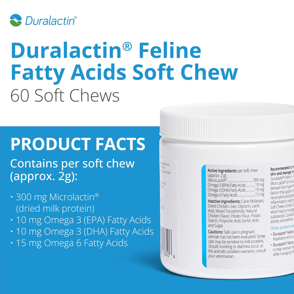 PRN Duralactin Feline Soft Chews in a cat's paw showing the tasty treat.