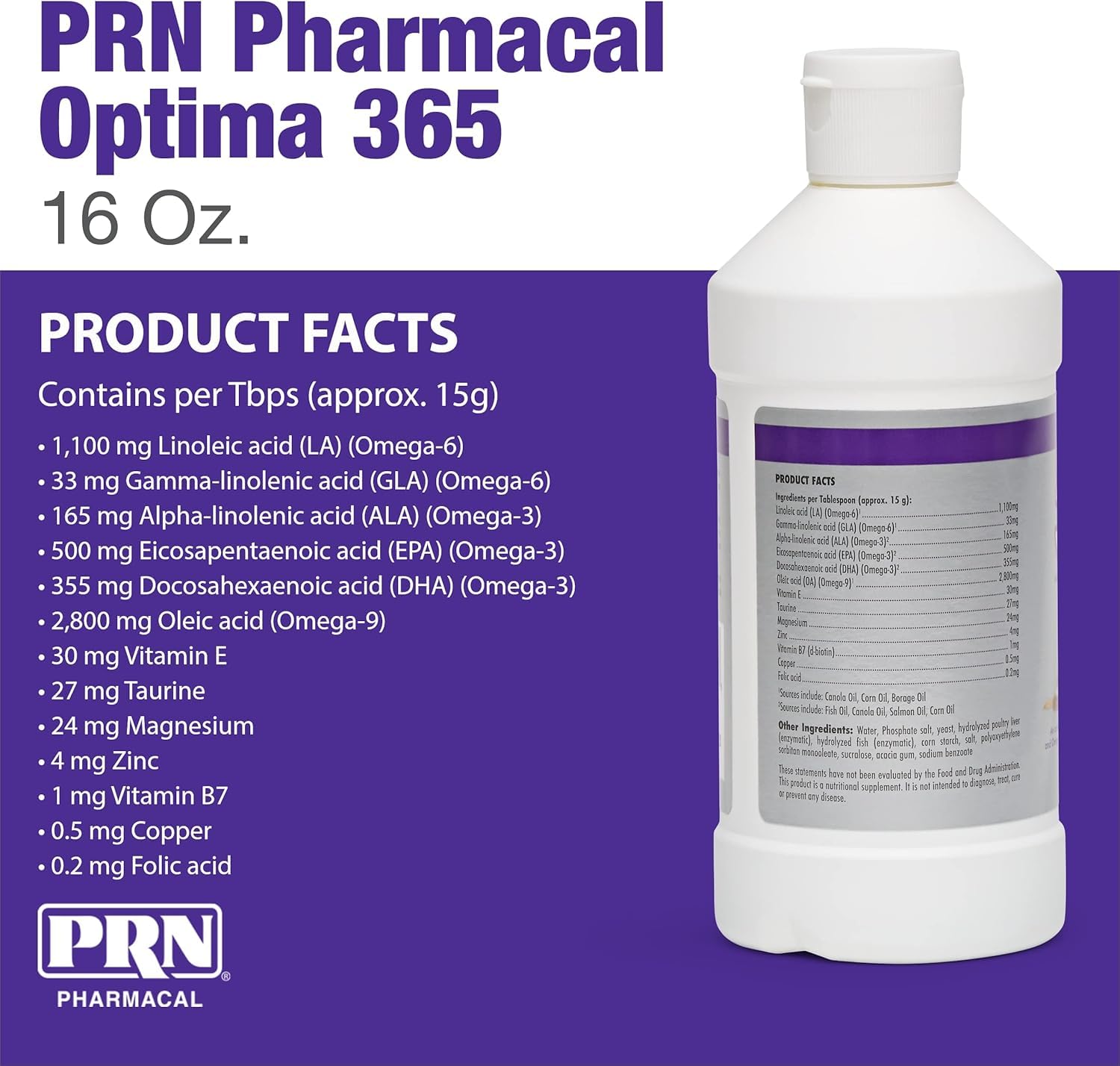 PRN OPTIMA 365 label ingredients show omega blend and minerals.