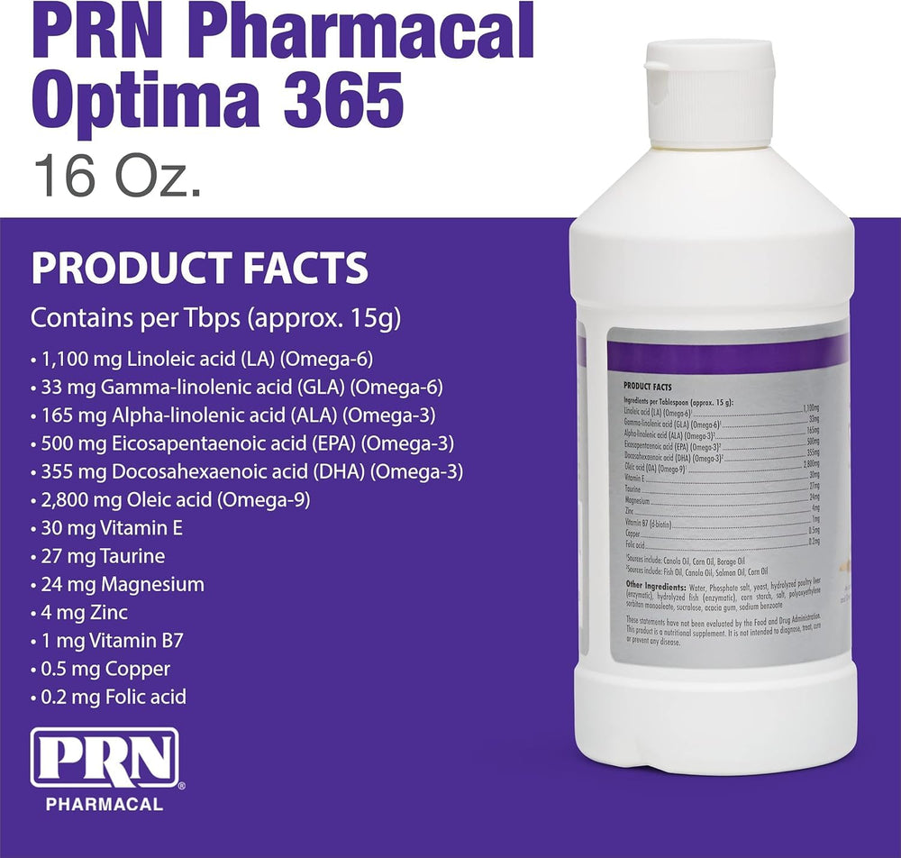 PRN OPTIMA 365 label ingredients show omega blend and minerals.