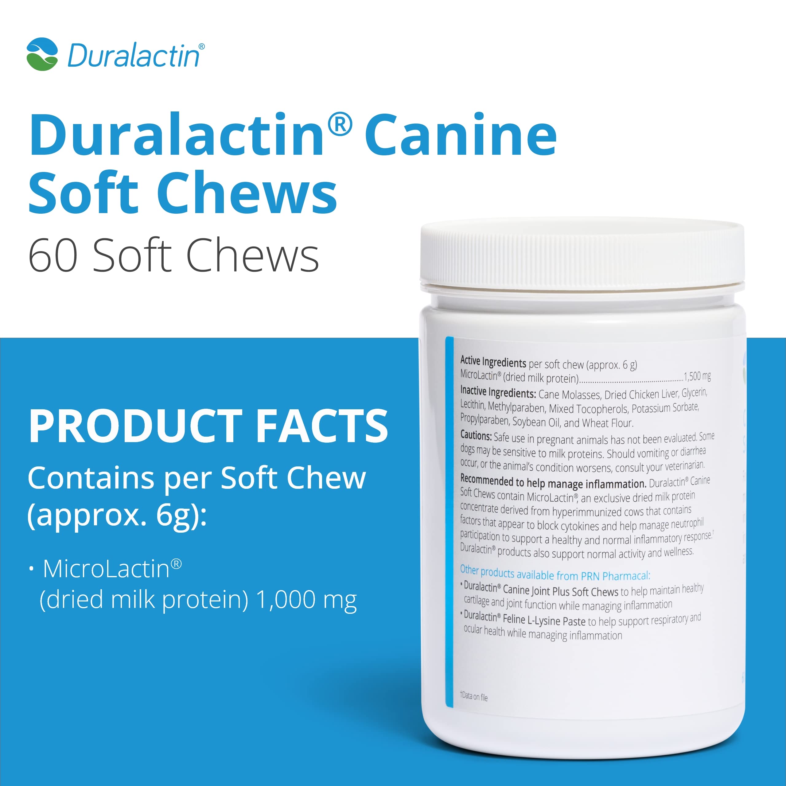 PRN Duralactin chews shown with dog paw beside tasty chicken-liver flavor.