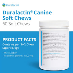 PRN Duralactin chews shown with dog paw beside tasty chicken-liver flavor.