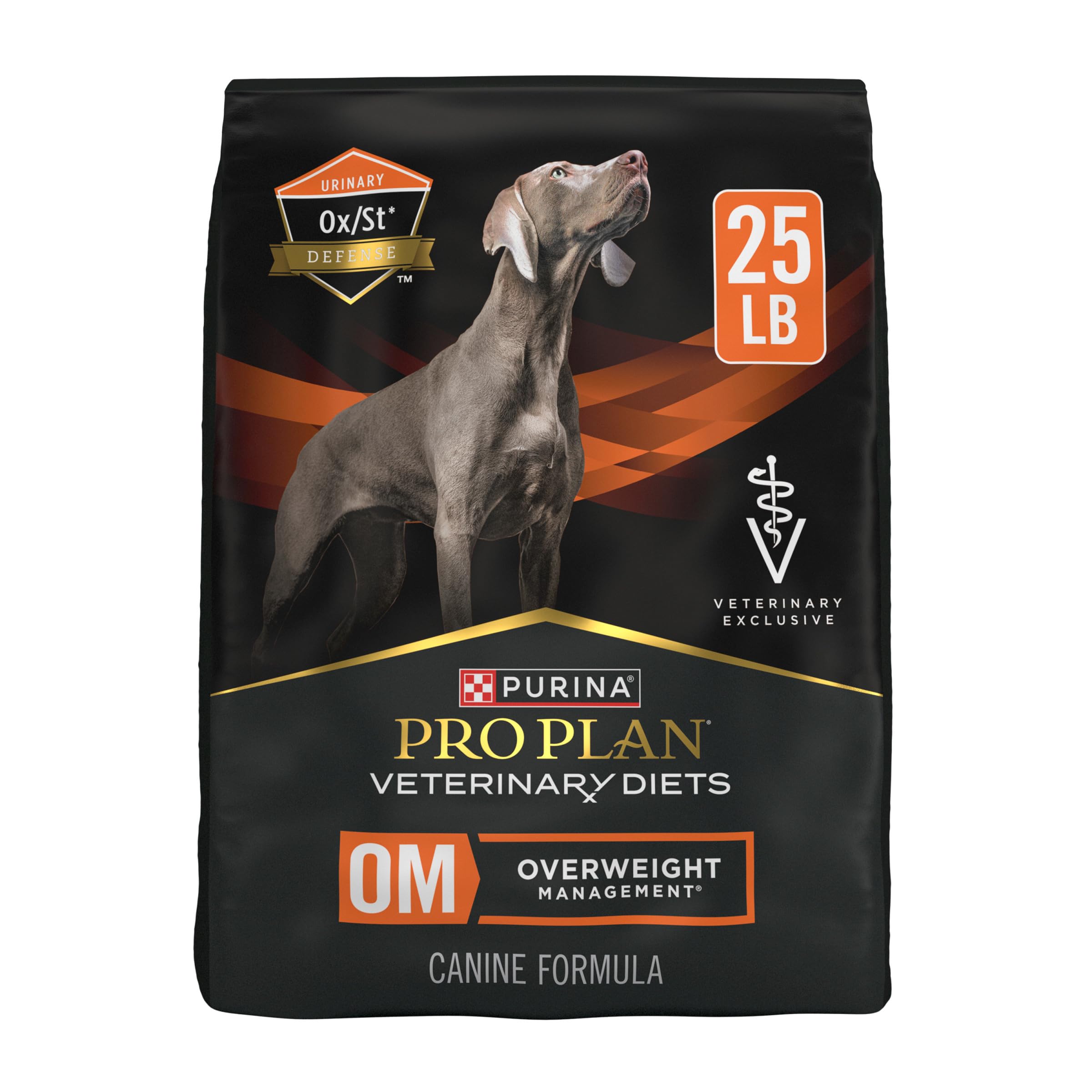 Purina Pro Plan OM bag front showing weight-control emphasis for vet-guided management.