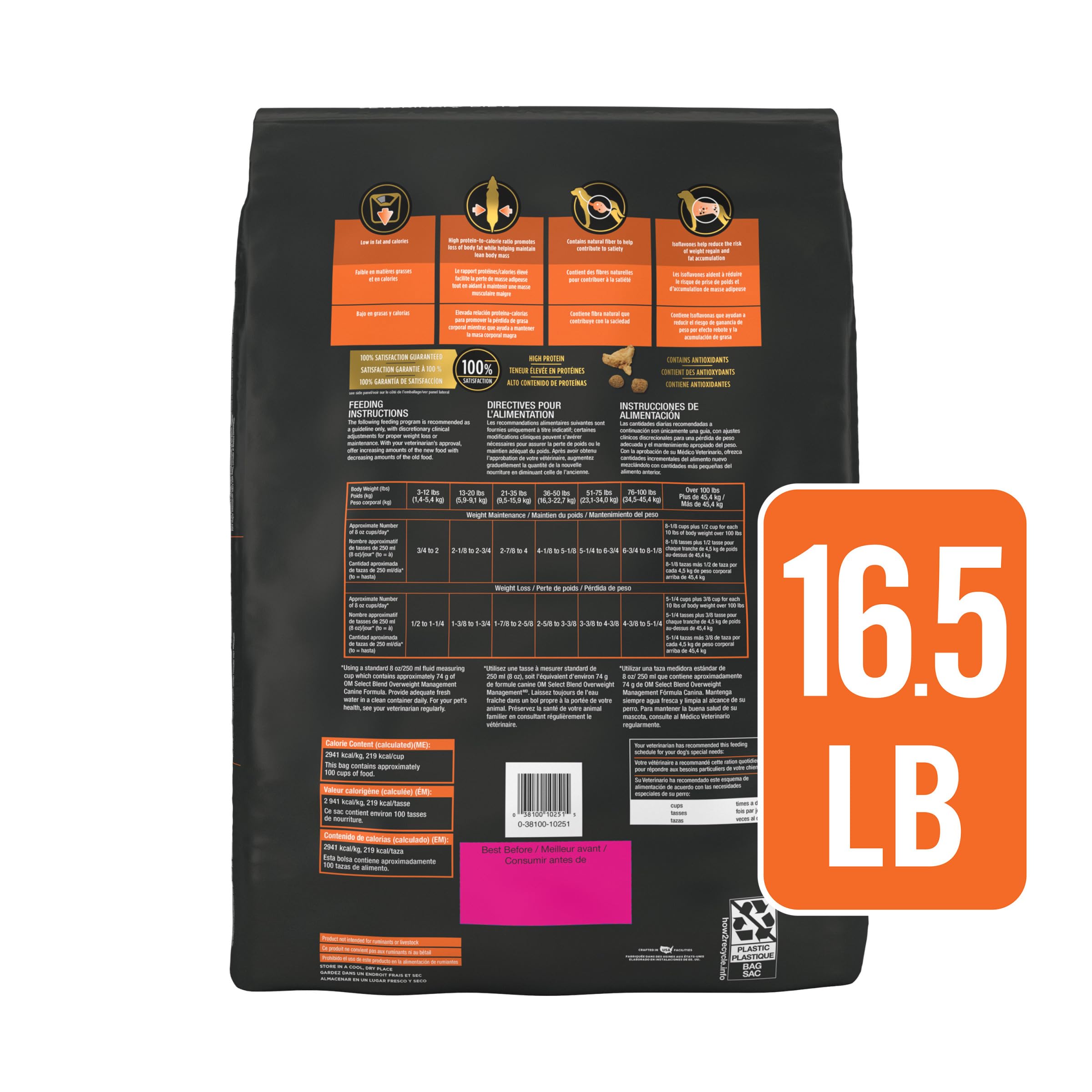 High protein-to-calorie ratio feature on Pro Plan OM Select Blend packaging