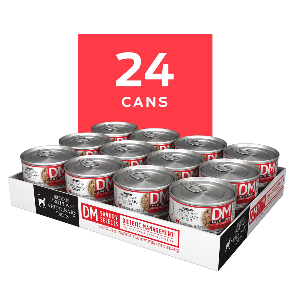 Purina Pro Plan Veterinary Diets DM Savory Selects serving bowl image; high protein aids lean mass.