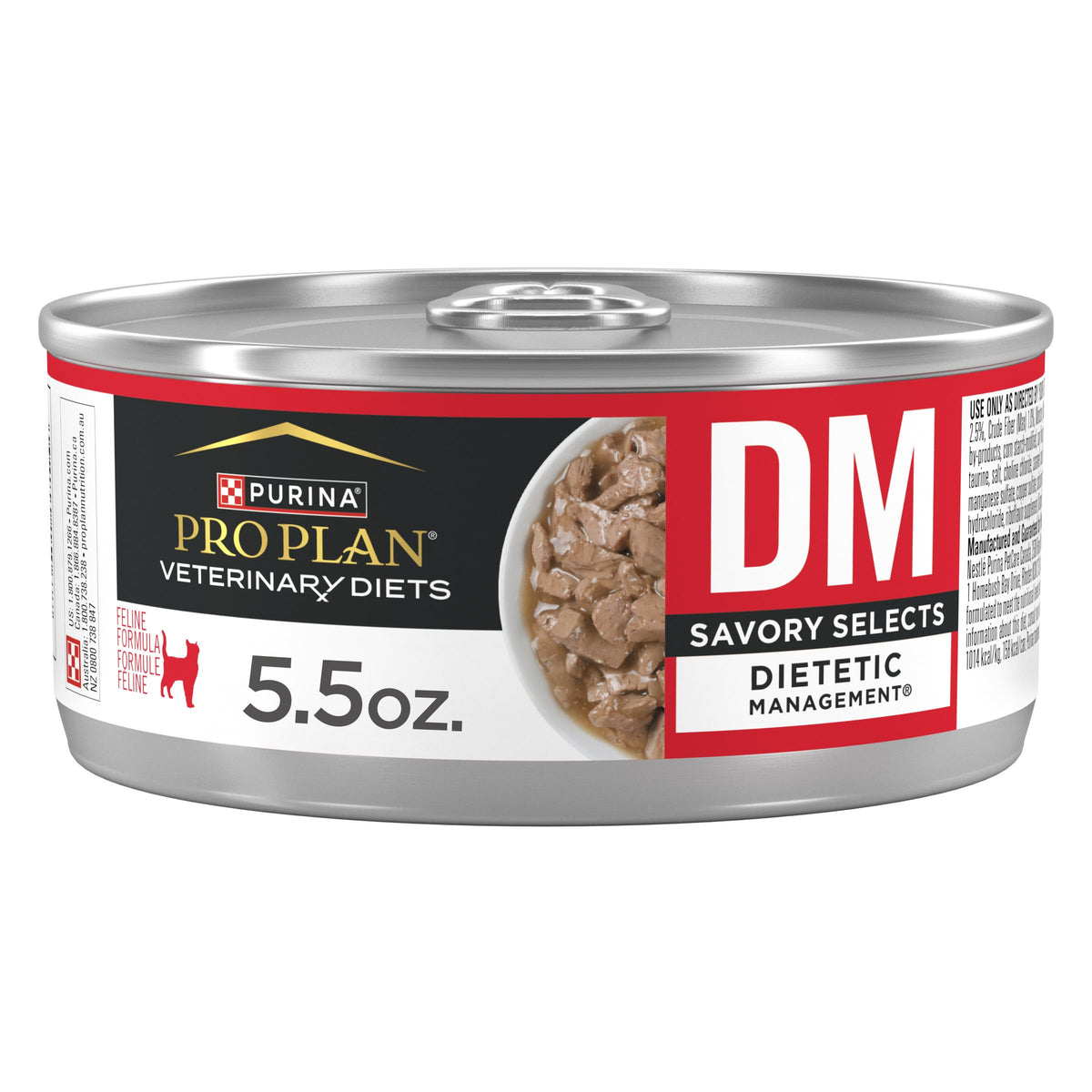 Purina Pro Plan Veterinary Diets DM Savory Selects wet cat food can front; supports lean body mass.