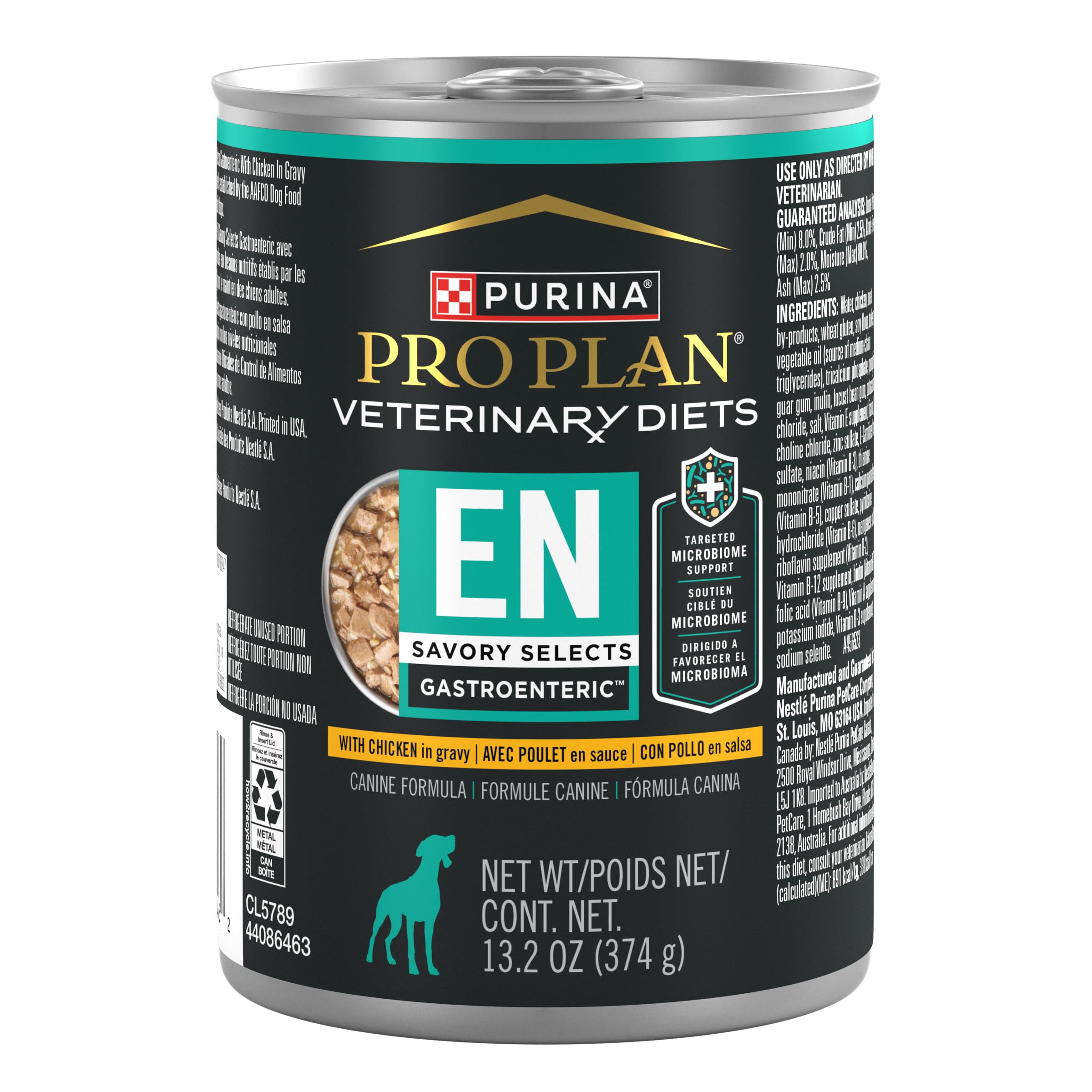 Pro Plan Veterinary Diets Savory Selects Gastroenteric chicken in gravy can 13.3 oz, supports easy digestion.