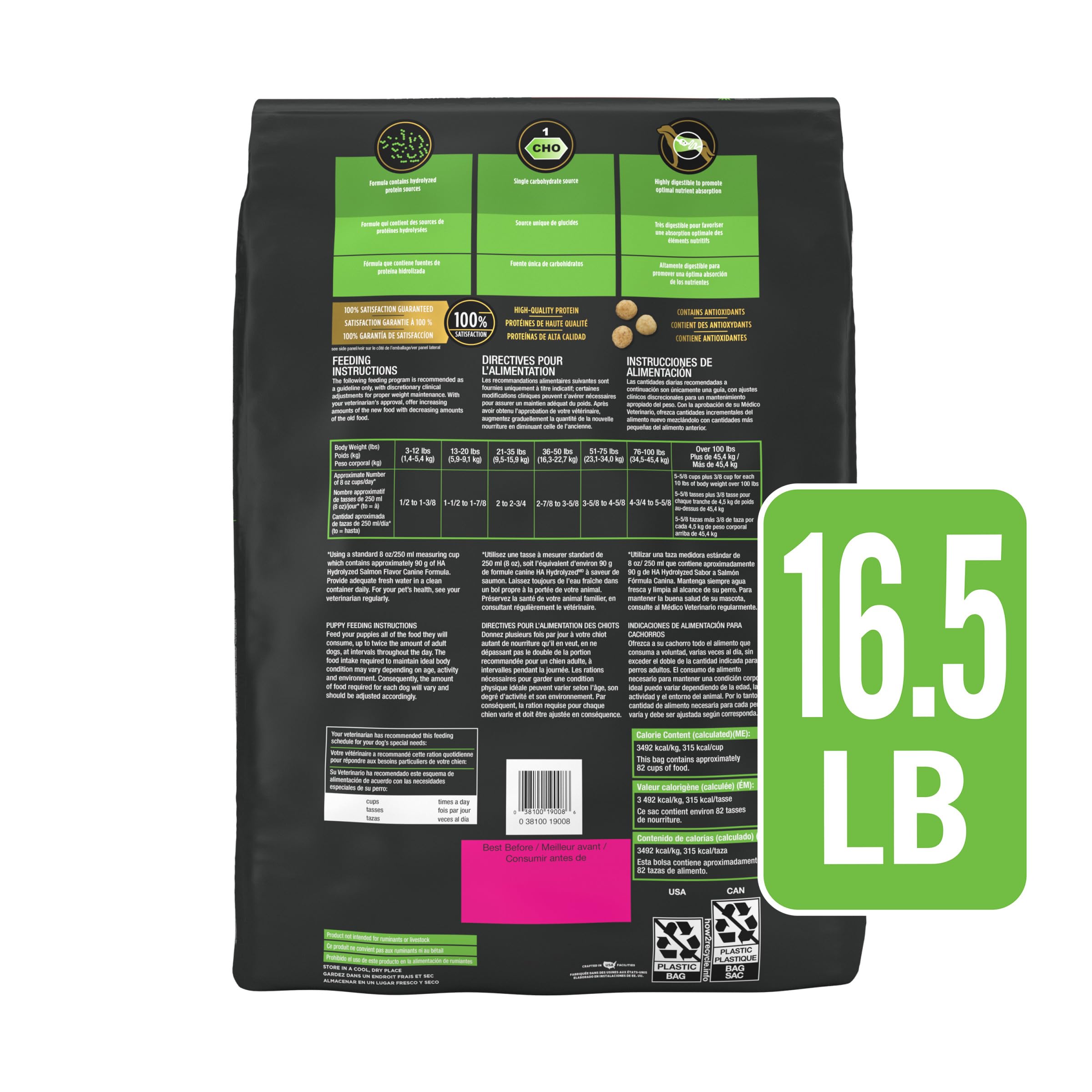 Pro Plan HA Hydrolyzed Salmon dog food ingredients list visible.