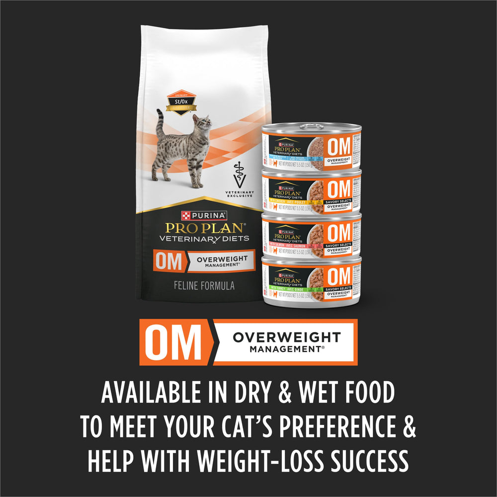 Pro Plan OM serving bowl showing dry cat food for daily weight goals.