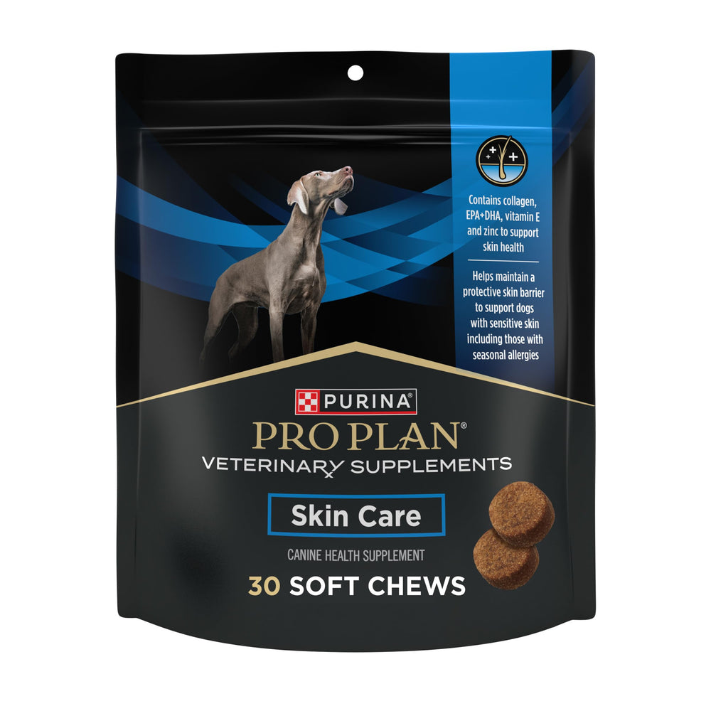 Pro Plan Veterinary Skin Care soft chews in bottle promote skin health for dogs