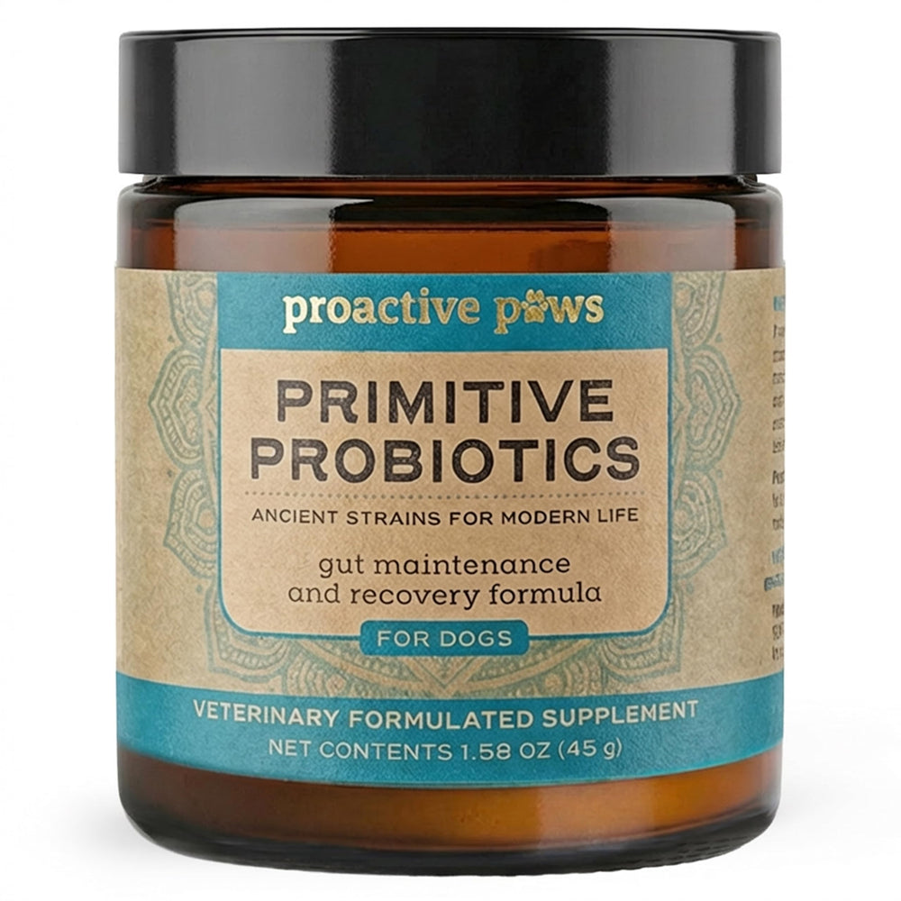 Proactive Paws Primitive Probiotics dog bottle shown for gut health support