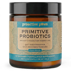 Proactive Paws Primitive Probiotics dog bottle shown for gut health support
