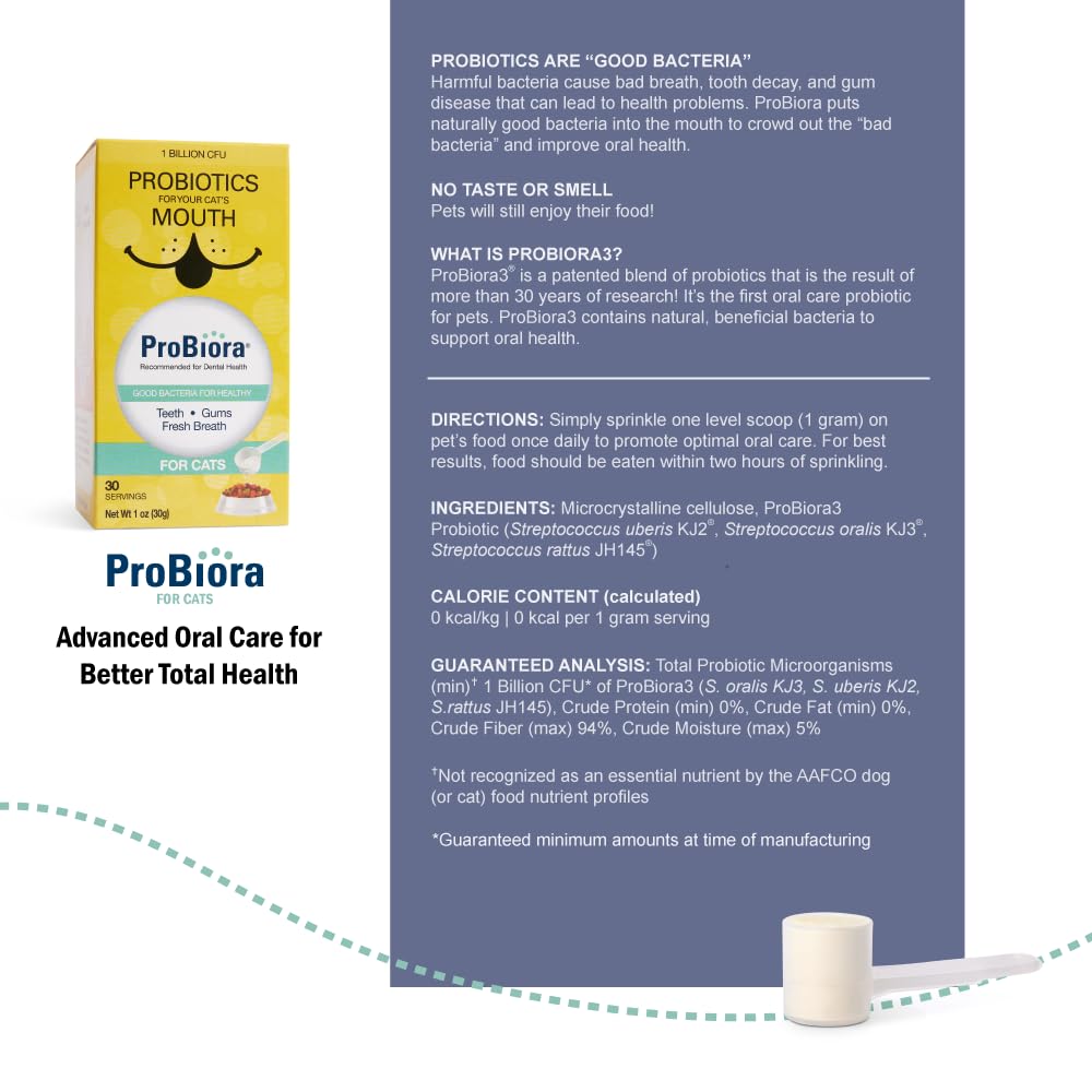 Probiora for Cats powder on cat food suggesting convenient use.