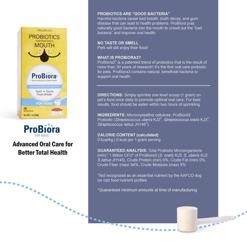 Probiora for Dogs scoop on dog food for easy daily use.