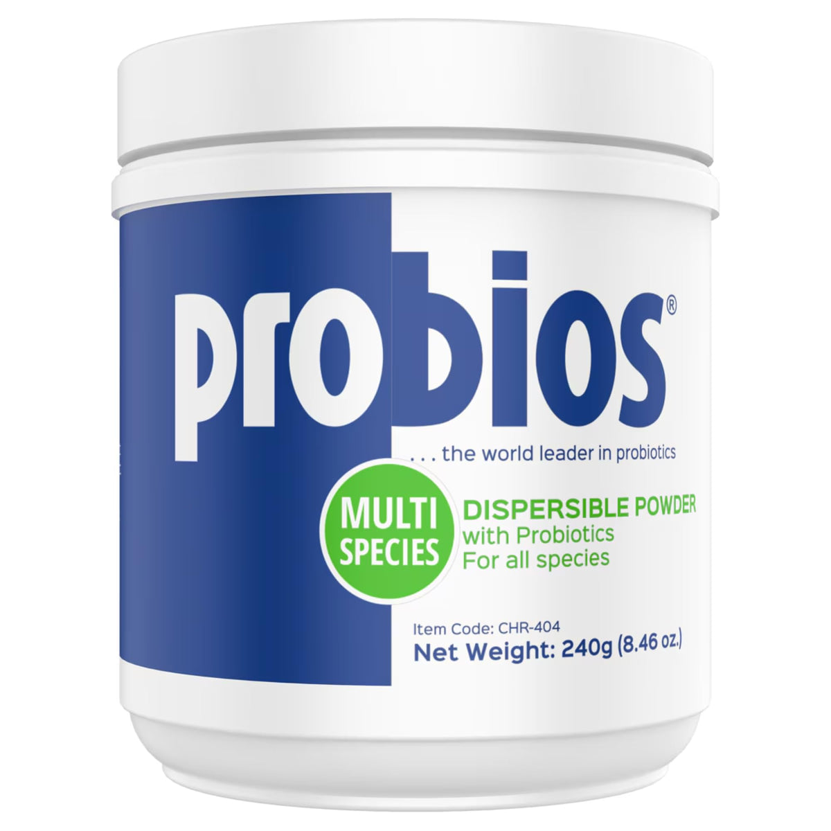 Probios digestive-support powder bottle shown for multi-species use and easy dosing.
