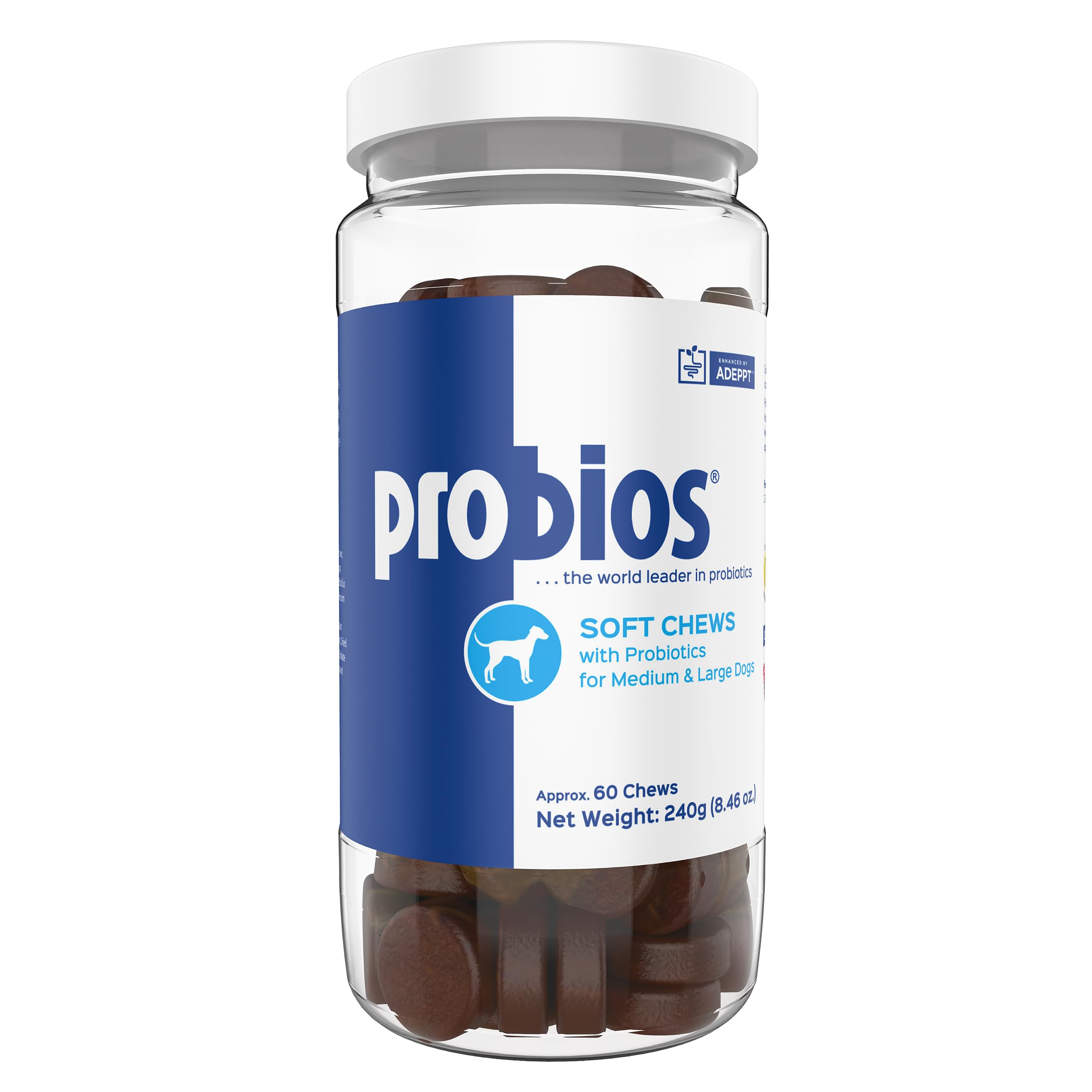 Probios for Dogs Soft Chews bottle pour signals daily probiotic support.